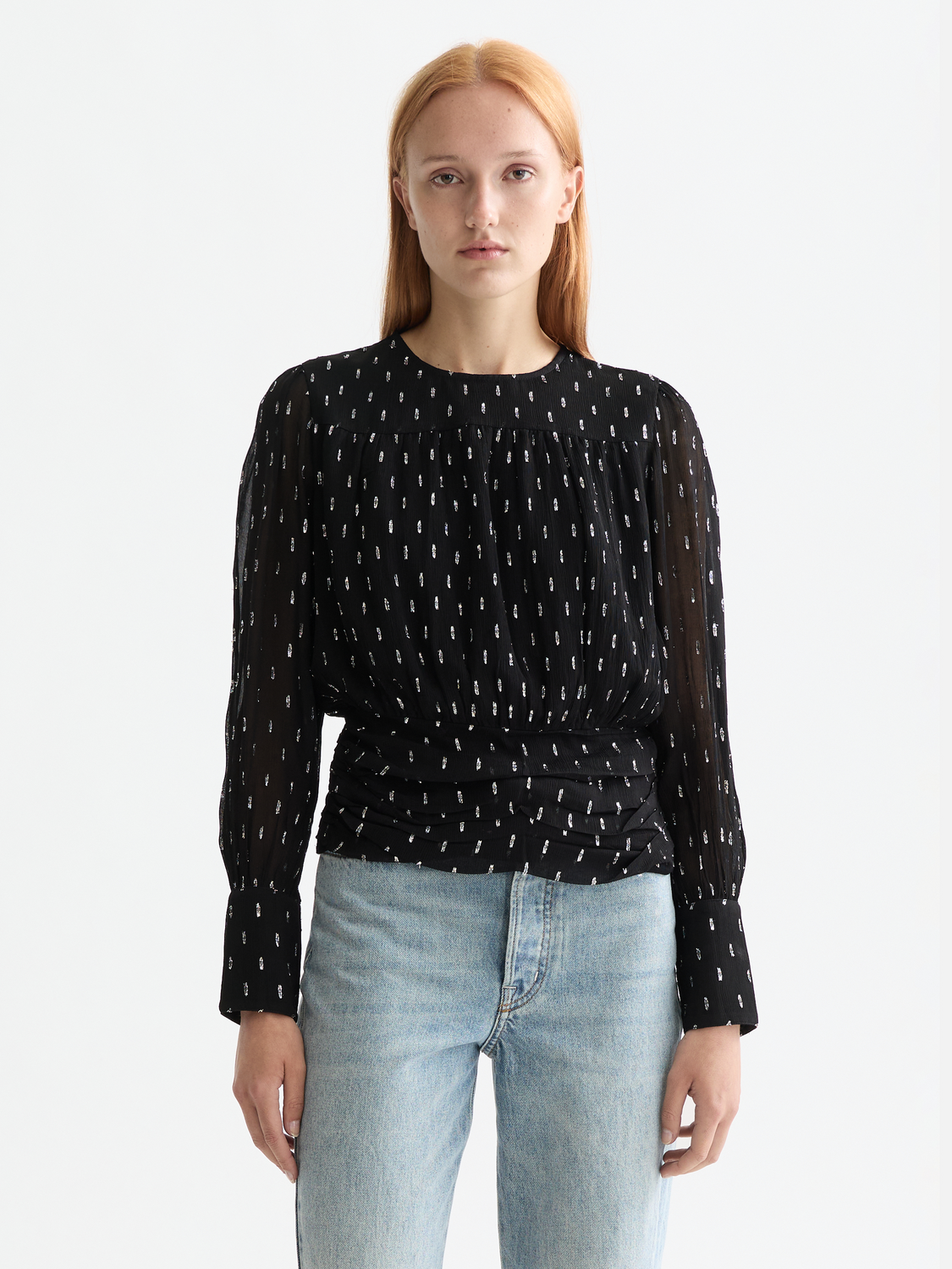 Woven Fil Coupe Top by Scotch & Soda featuring a relaxed fit, soft fabric, and stylish design, shown on a model.