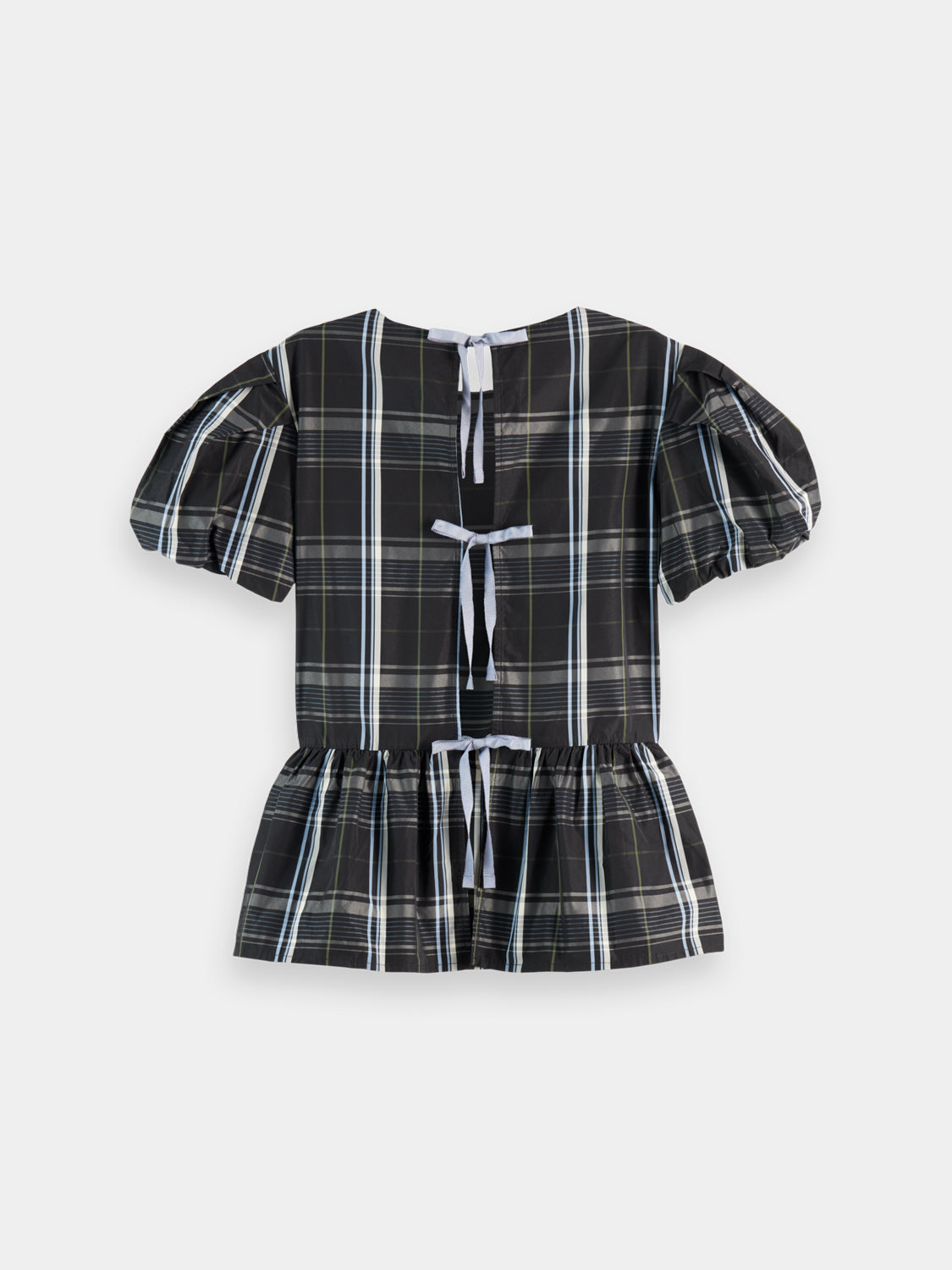 Black woven taffeta peplum top by Scotch & Soda with structured design and short sleeves.