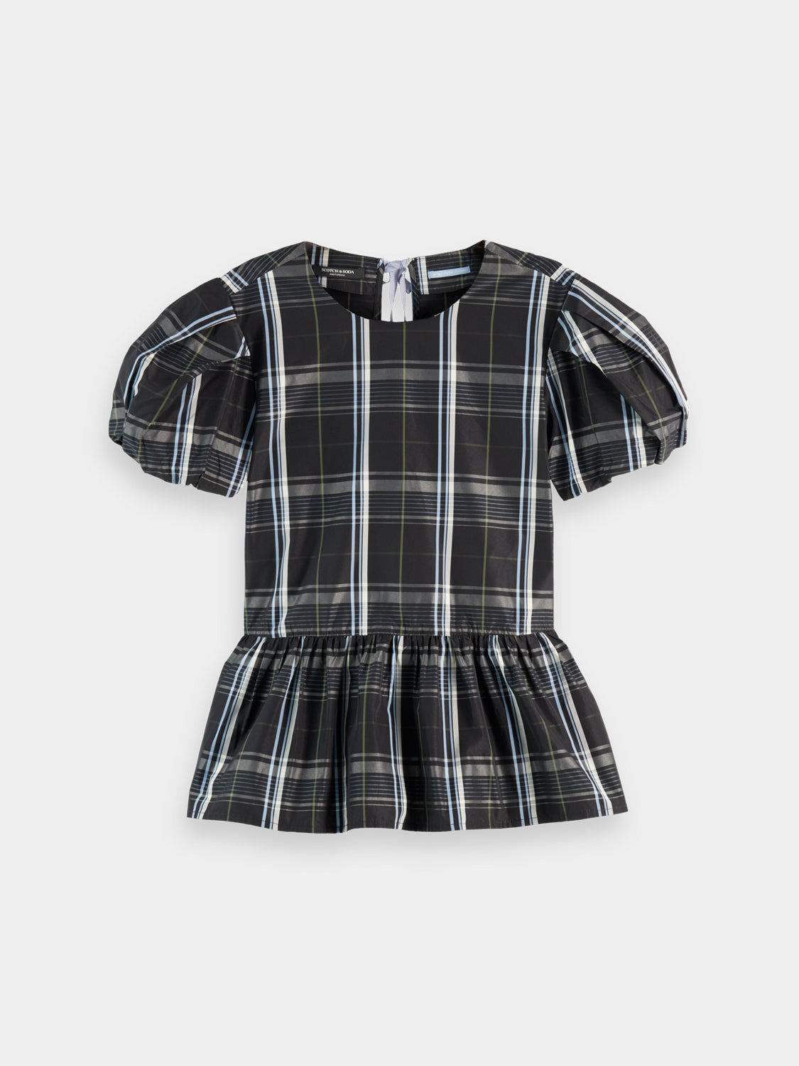 Woven taffeta peplum top by Scotch & Soda, featuring a fitted bodice and ruffled peplum detail in a vibrant color.
