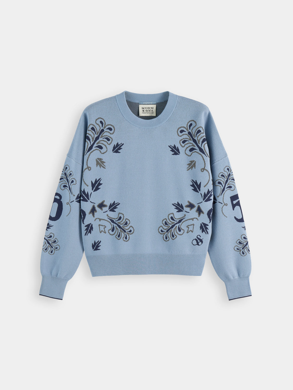 Scotch & Soda jacquard knit pullover in vibrant pattern, featuring a round neckline and long sleeves on a neutral background.