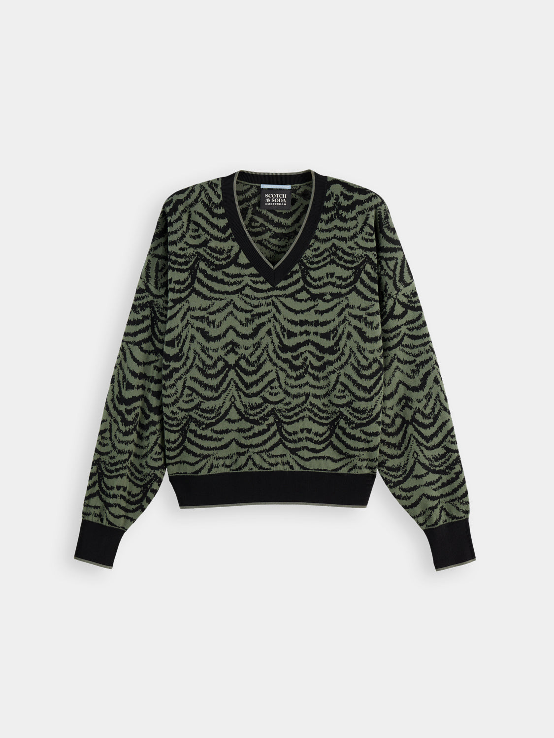 SCOTCH & SODA jacquard v-neck knitwear pullover in soft fabric, featuring intricate patterns and a comfortable fit.