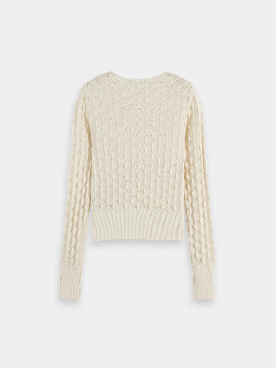Back view of a textured stitch knitwear pullover by Scotch & Soda, showcasing detailed stitching and cozy fabric.