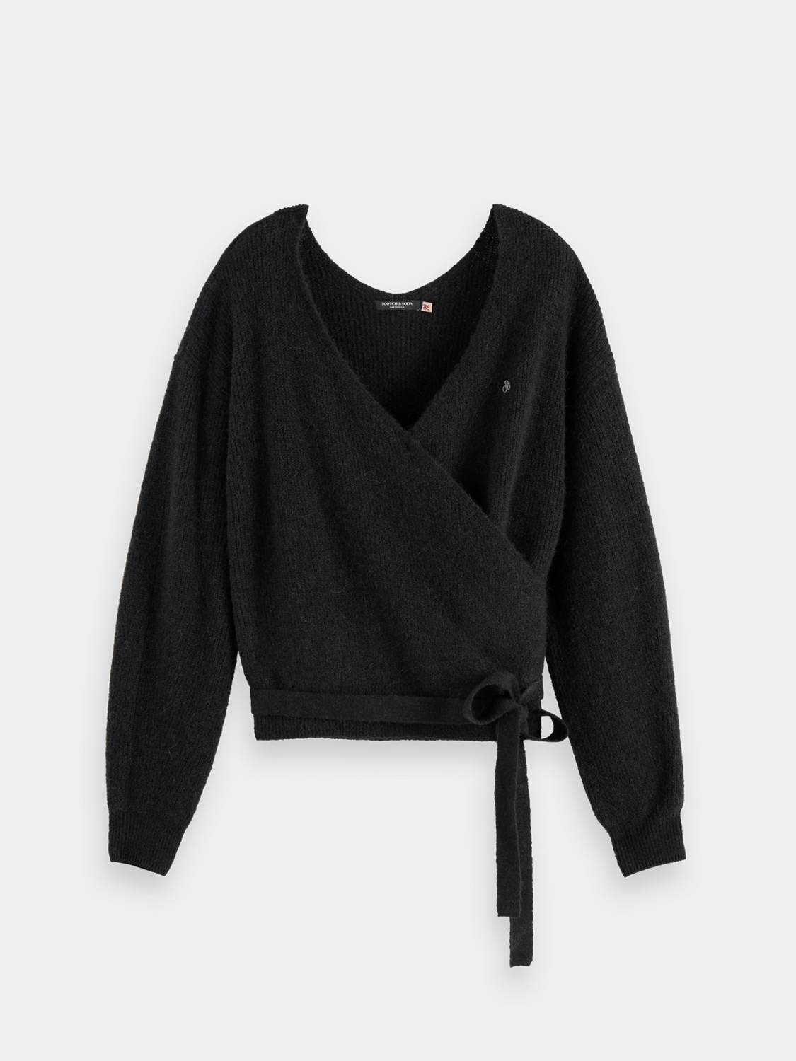 Scotch & Soda fuzzy knit wrap cardigan with soft textured fabric and relaxed fit, displayed on a neutral background.