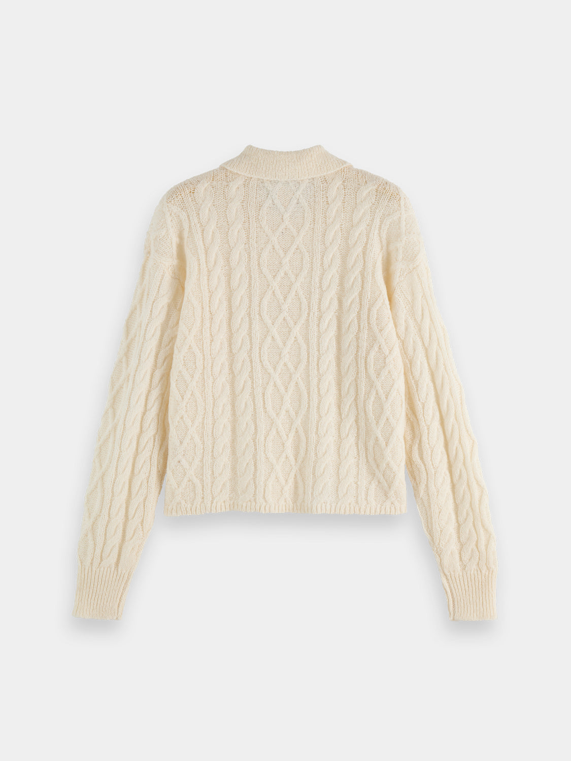Navy Scotch & Soda cable stitch polo pullover knitwear shown from the back, featuring textured cable knit pattern and classic fit.