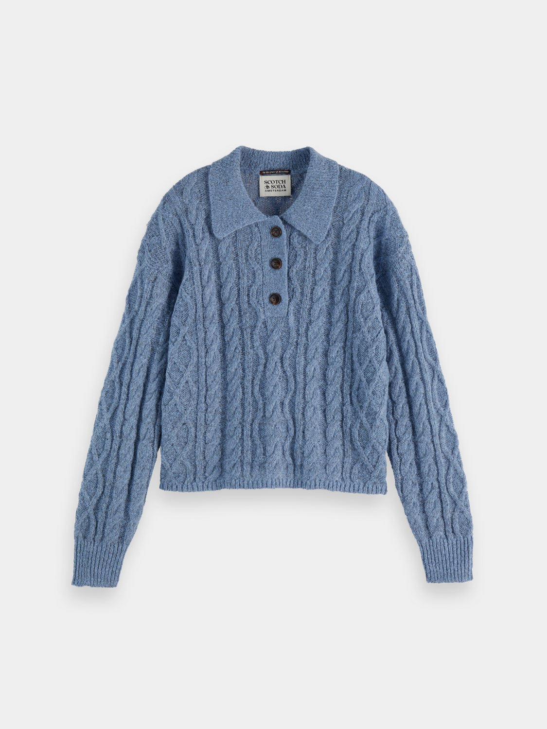 Cable stitch polo pullover by Scotch & Soda, featuring a classic knitwear design with a ribbed collar and textured cable pattern.