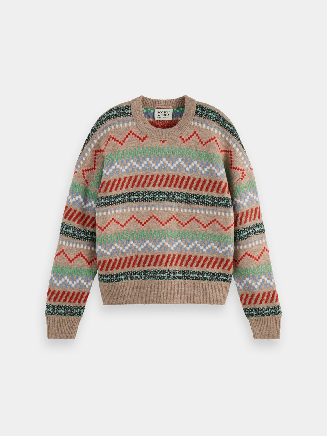 SCOTCH & SODA Fair Isle knit pullover featuring intricate patterns and cozy knit fabric, displayed on a neutral background.