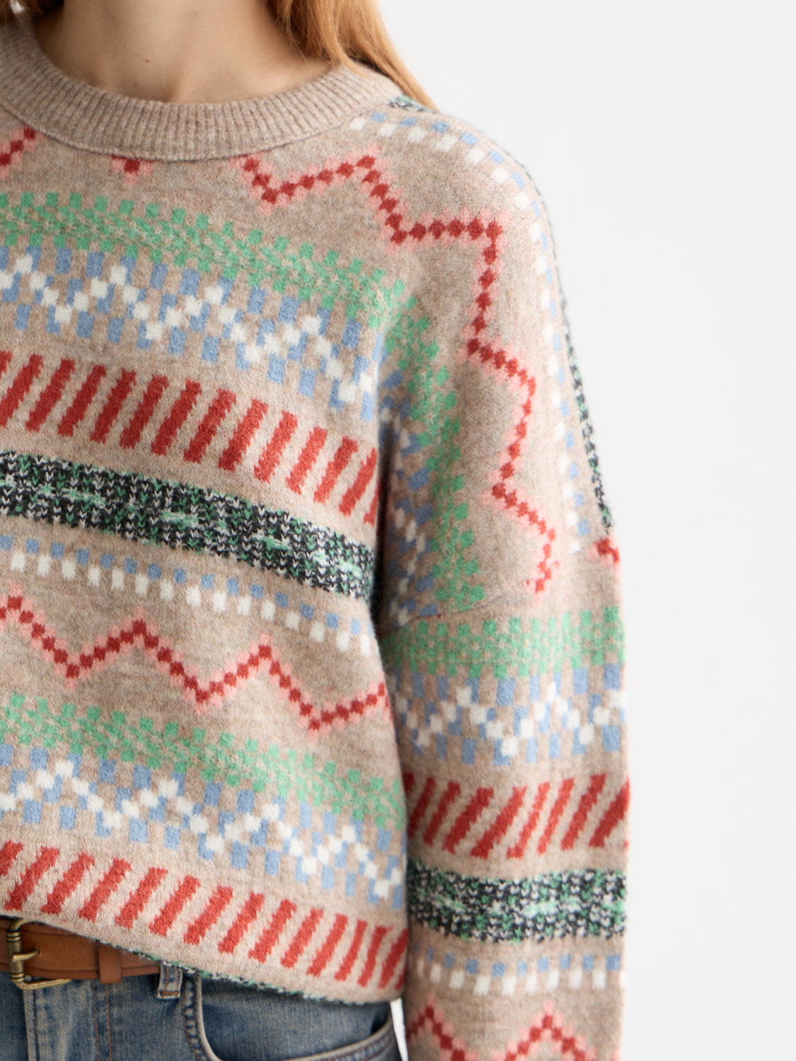 Scotch & Soda Fair Isle pullover knitwear featuring a colorful patterned design on a cozy crewneck sweater.