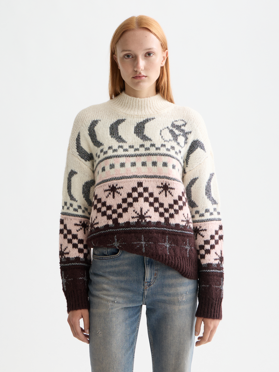 Metallic Fair Isle knitwear pullover by Scotch & Soda featuring colorful patterns and a cozy fit, displayed on a neutral background.