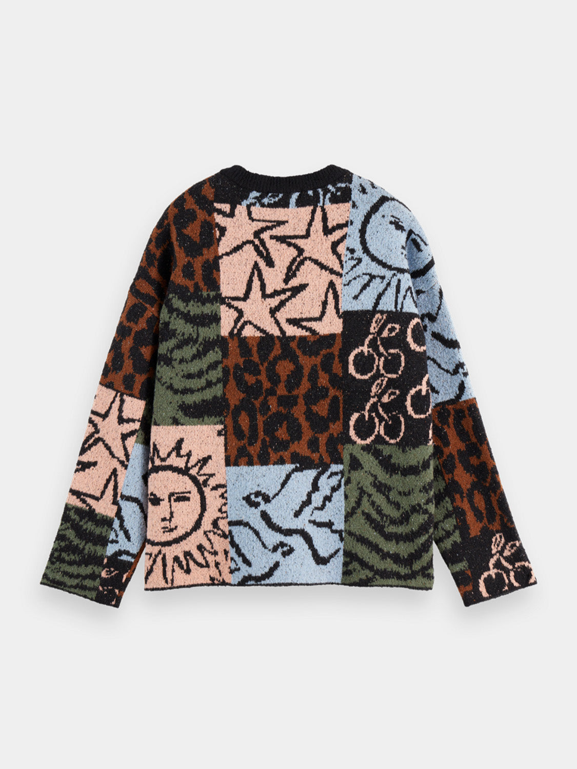 Black Scotch & Soda jacquard oversized knit pullover with intricate patterns and a relaxed fit.
