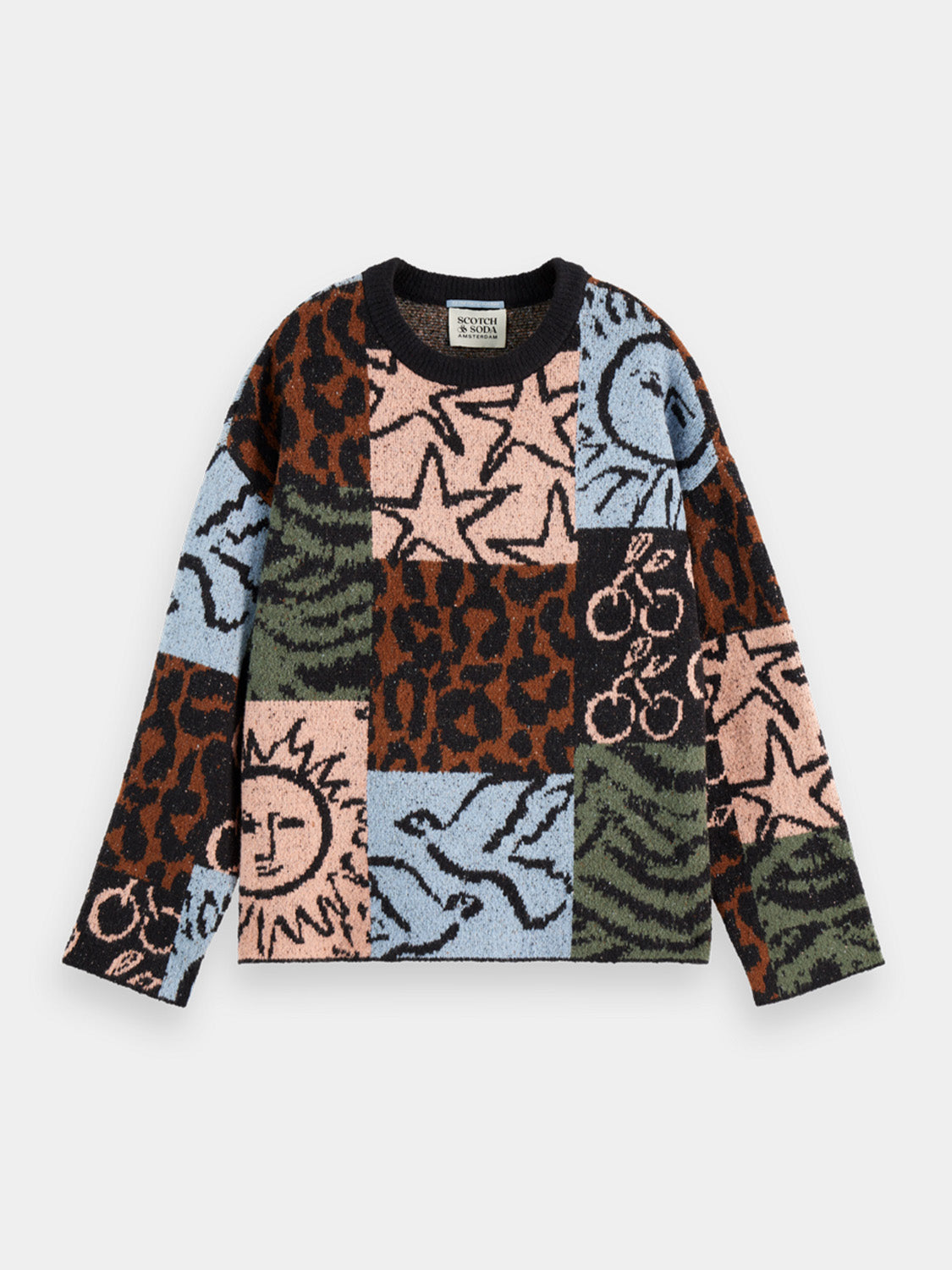 Scotch & Soda oversized jacquard knitwear pullover in neutral tones, featuring intricate woven patterns and a relaxed fit.