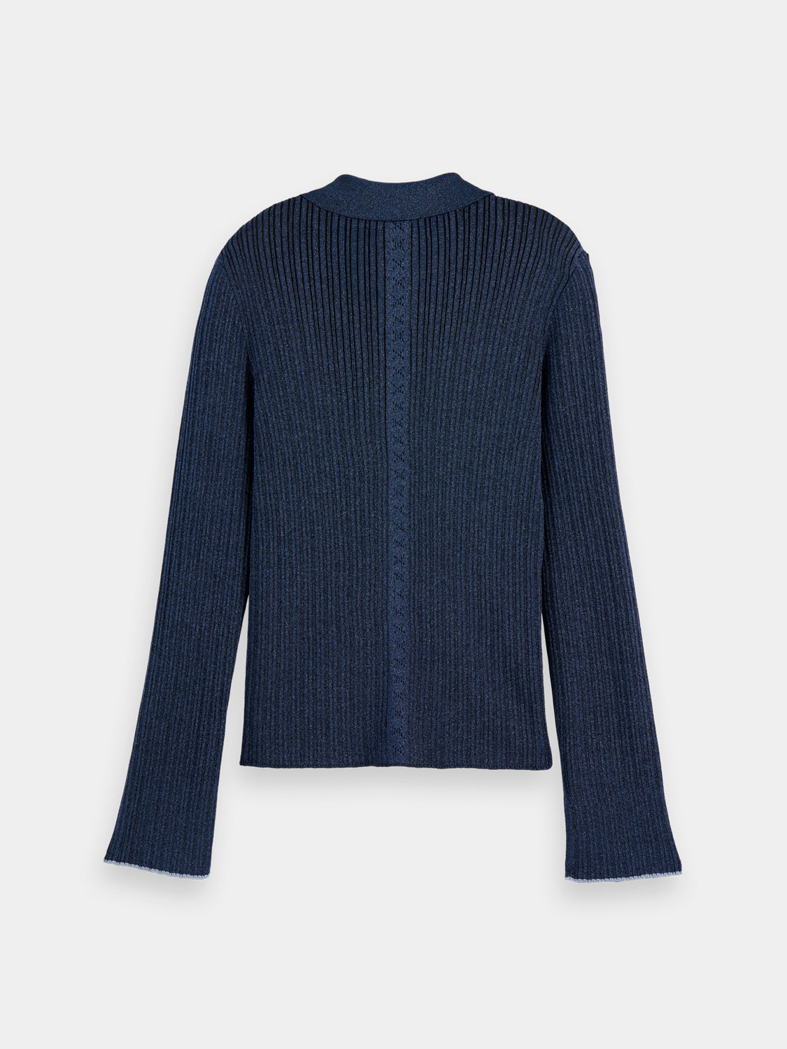 Metallic fitted button-up knitwear top by Scotch & Soda, featuring a shiny metallic finish and classic collar detail.