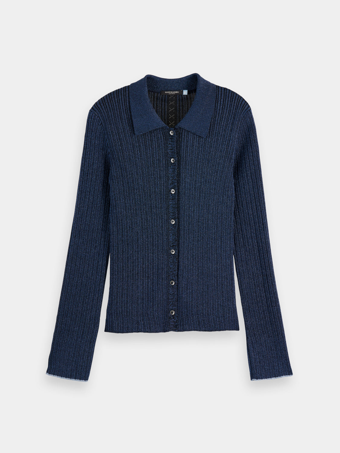 Metallic fitted button-up knitwear top from Scotch & Soda, featuring a shiny fabric and classic collar design.