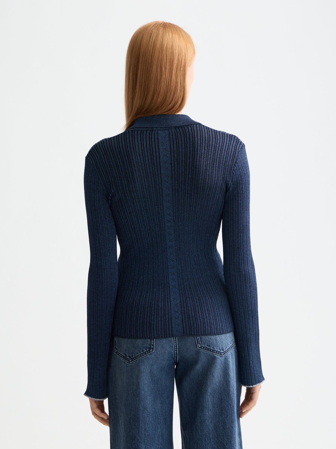 Metallic fitted button-up knitwear top by Scotch & Soda, featuring a shiny metallic finish and classic collar.
