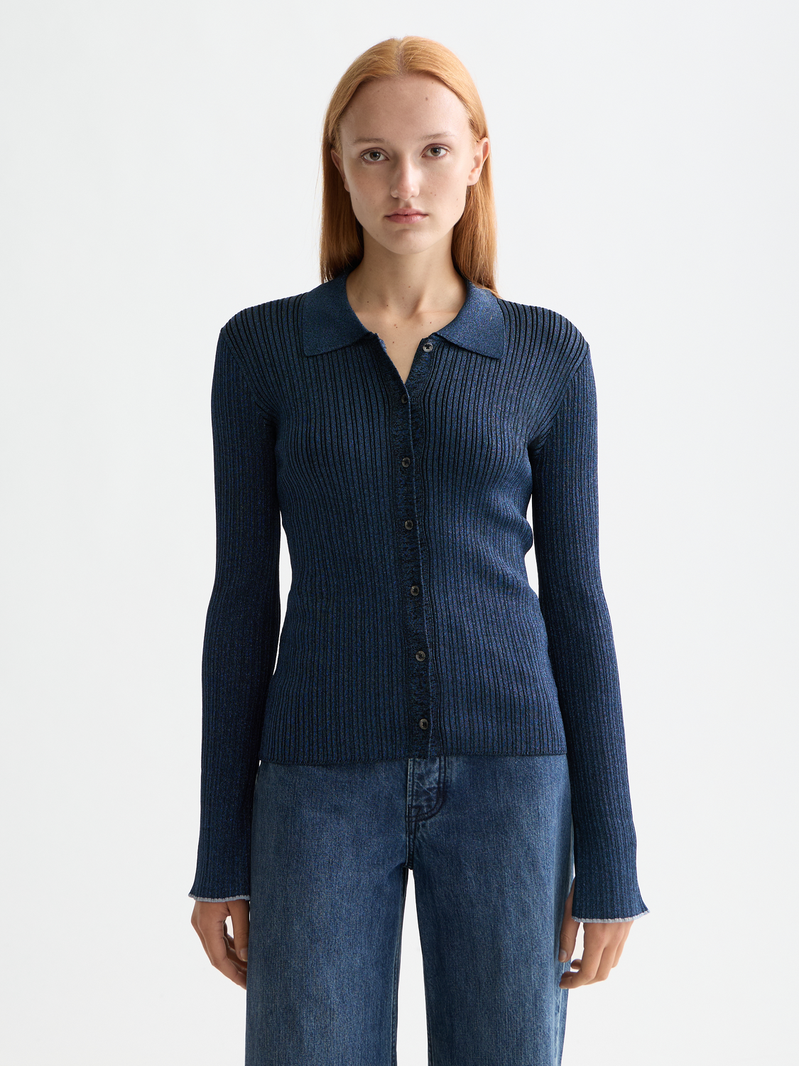 Metallic fitted button-up knitwear top from Scotch & Soda, featuring a shiny metallic finish and classic collar design.