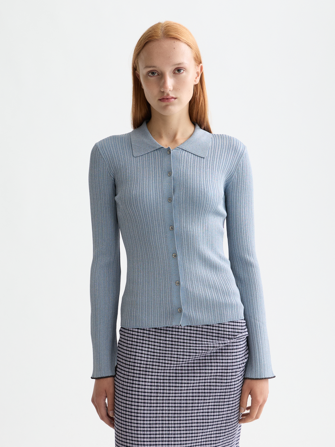 Metallic fitted button-up knitwear top by Scotch & Soda, featuring a shiny metallic finish and classic collar design.