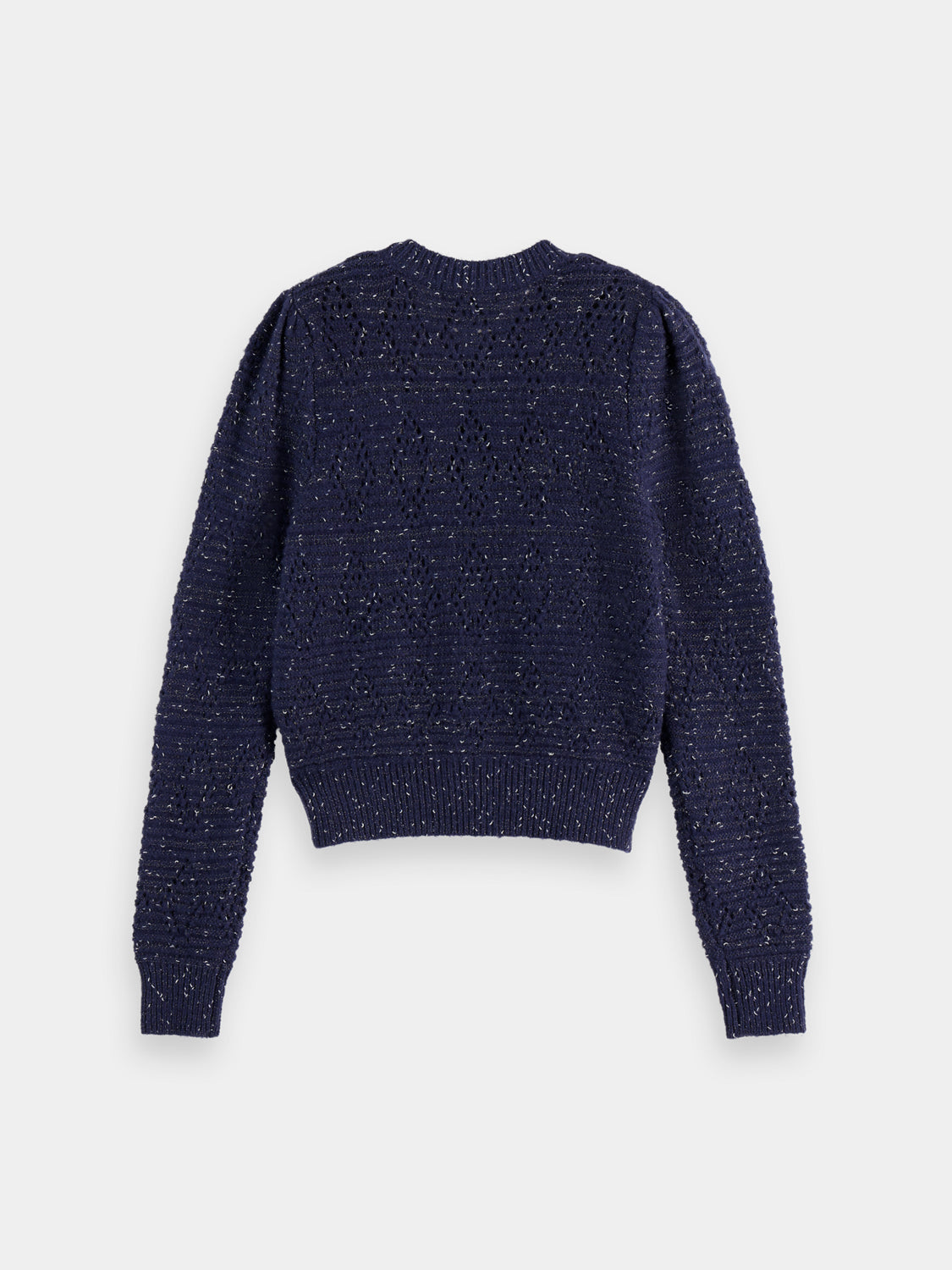 Metallic navy crewneck cardigan by Scotch & Soda, knitted knitwear with shiny metallic finish and ribbed cuffs.
