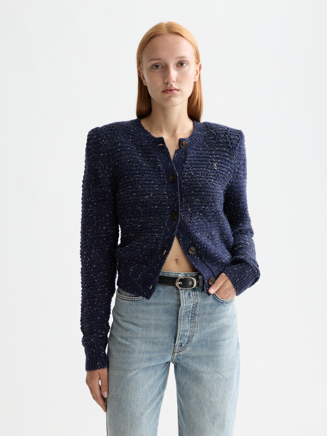 Metallic SCOTCH & SODA crewneck cardigan in knitwear, featuring a shiny, textured fabric and a classic fit.