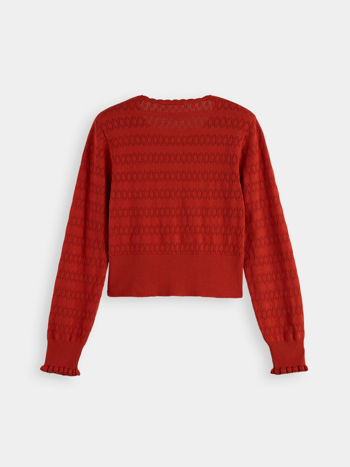 Black Pointelle knitted cardigan by SCOTCH & SODA, featuring delicate open-knit pattern and ribbed cuffs.