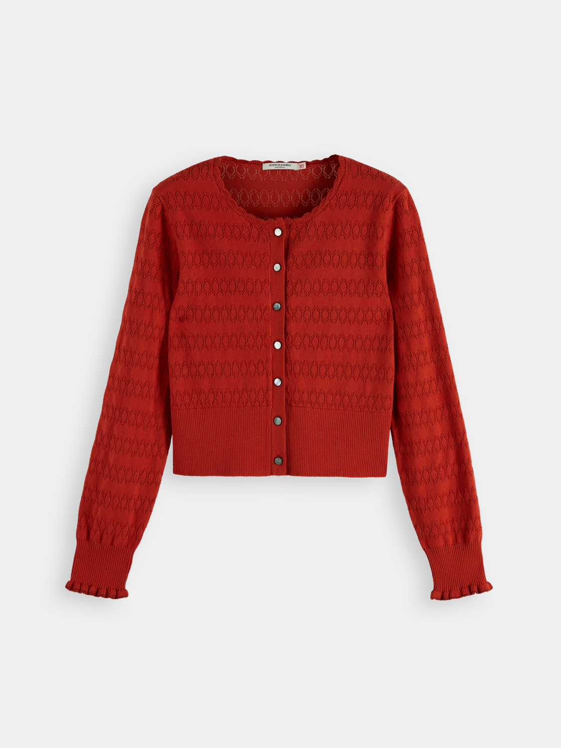 Pointelle knitted cardigan by Scotch & Soda, featuring a delicate knit pattern in soft, lightweight knitwear style.