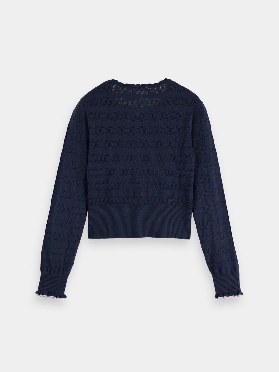Pointelle knitted cardigan by Scotch & Soda, featuring delicate knit pattern and long sleeves, in a cozy, stylish knitwear design.