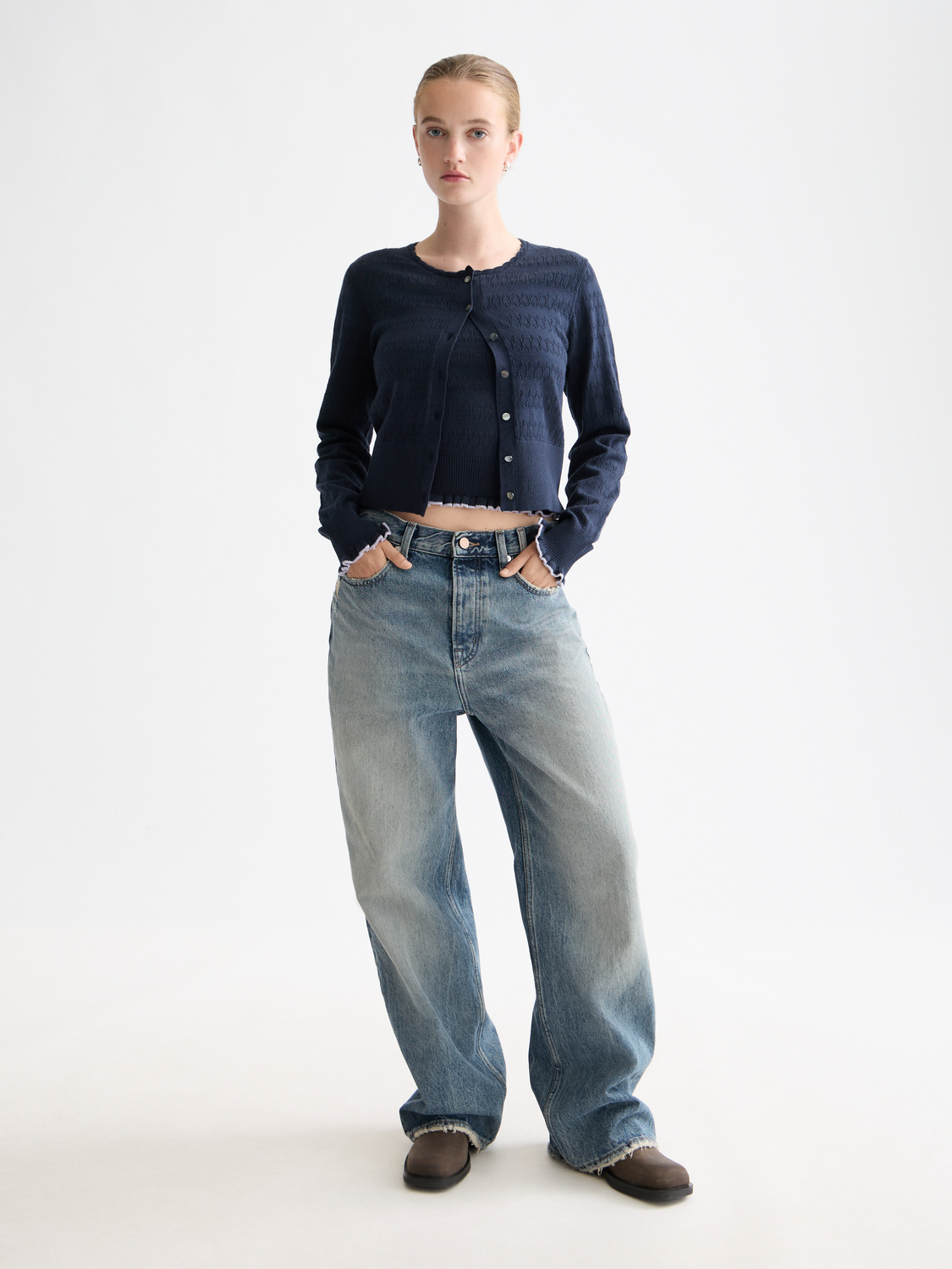 Light blue Pointelle knitted cardigan by Scotch & Soda, featuring delicate openwork knit and a relaxed fit.