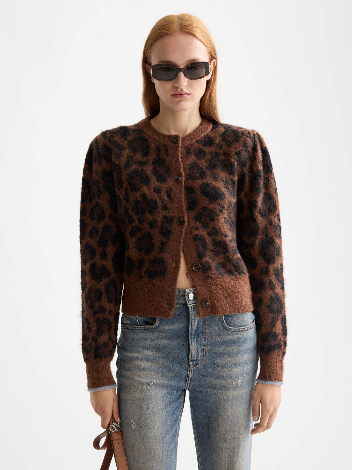 Fuzzy jacquard knitwear cardigan by SCOTCH & SODA featuring a textured pattern and cozy, soft fabric in neutral tones.