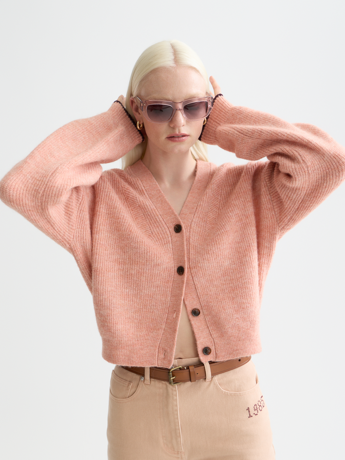 Fuzzy knit cardigan by Scotch & Soda featuring soft textured fabric and a relaxed fit, displayed on a model.