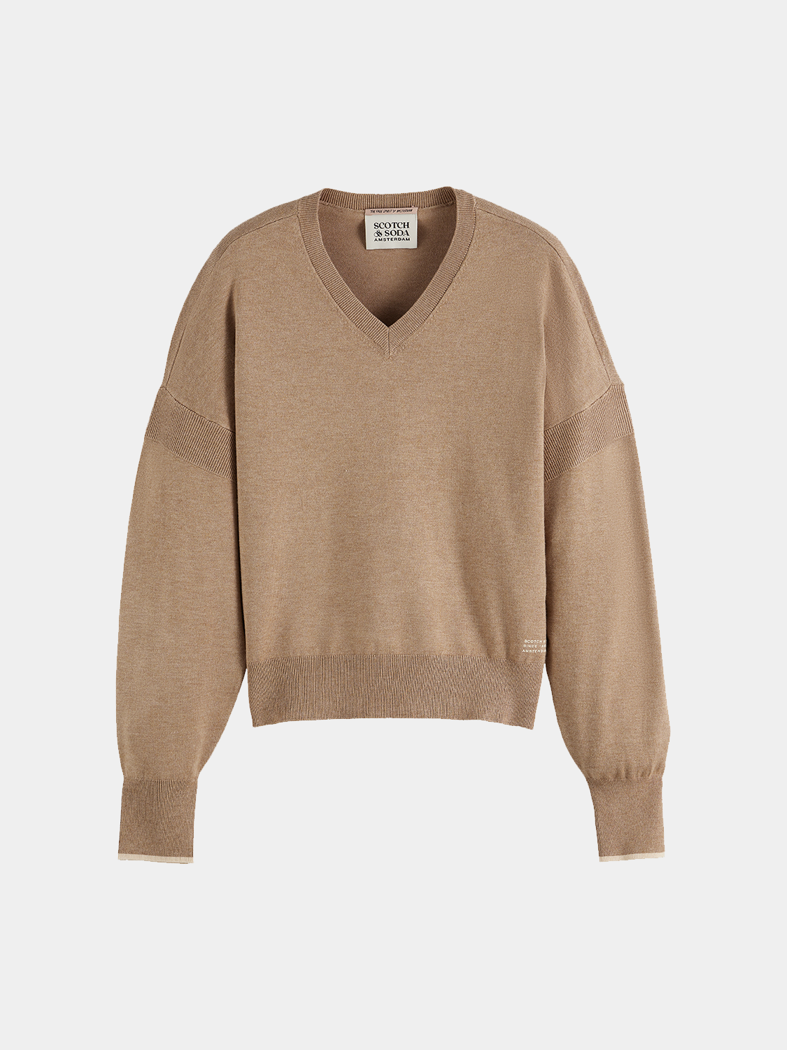 Light blue Scotch & SODA V-neck relaxed-fit knit pullover with a soft, cozy texture and ribbed cuffs and hem.