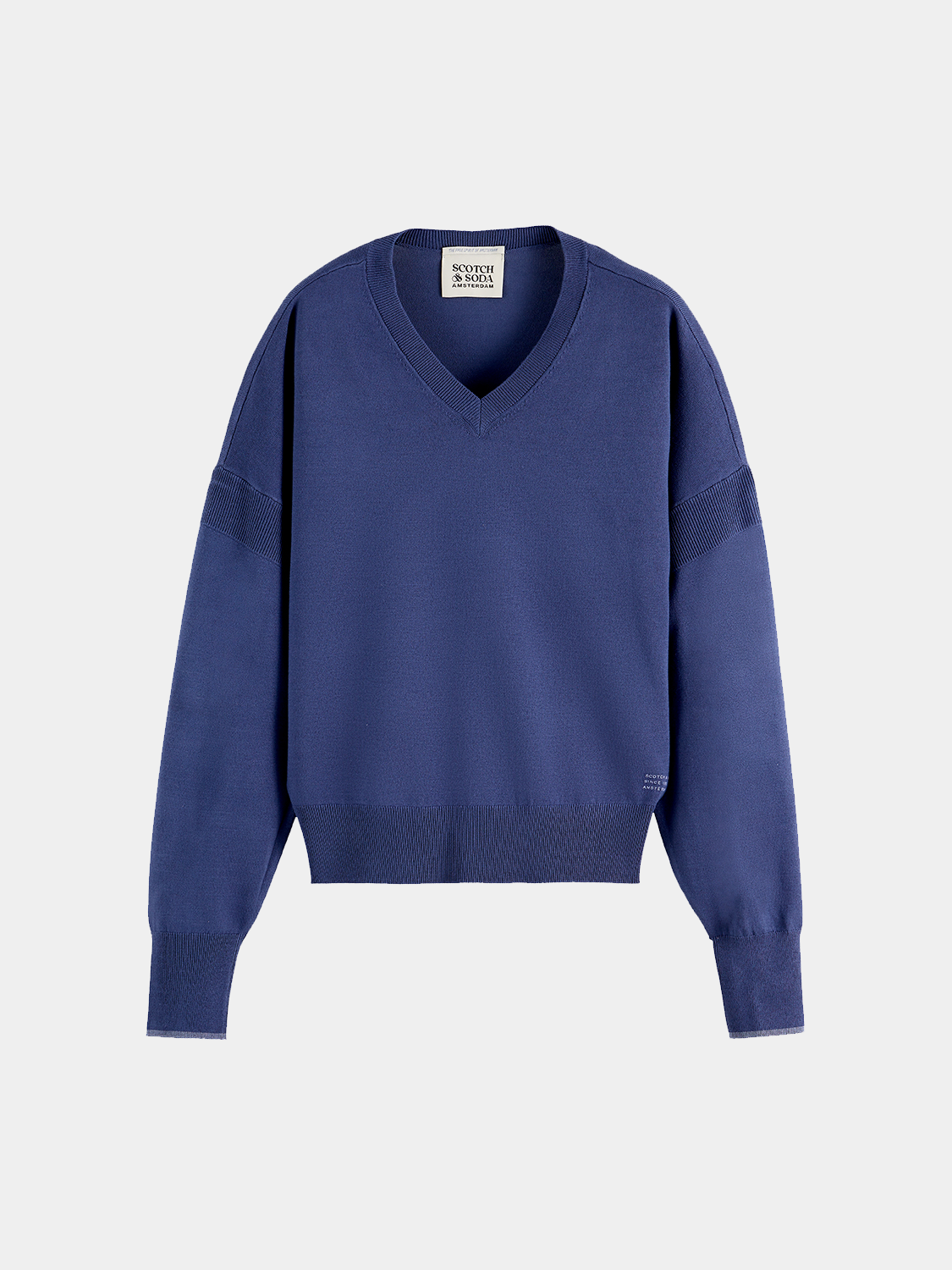 Scotch & Soda V-neck relaxed-fit knit pullover in neutral color, showcasing soft fabric and casual style.
