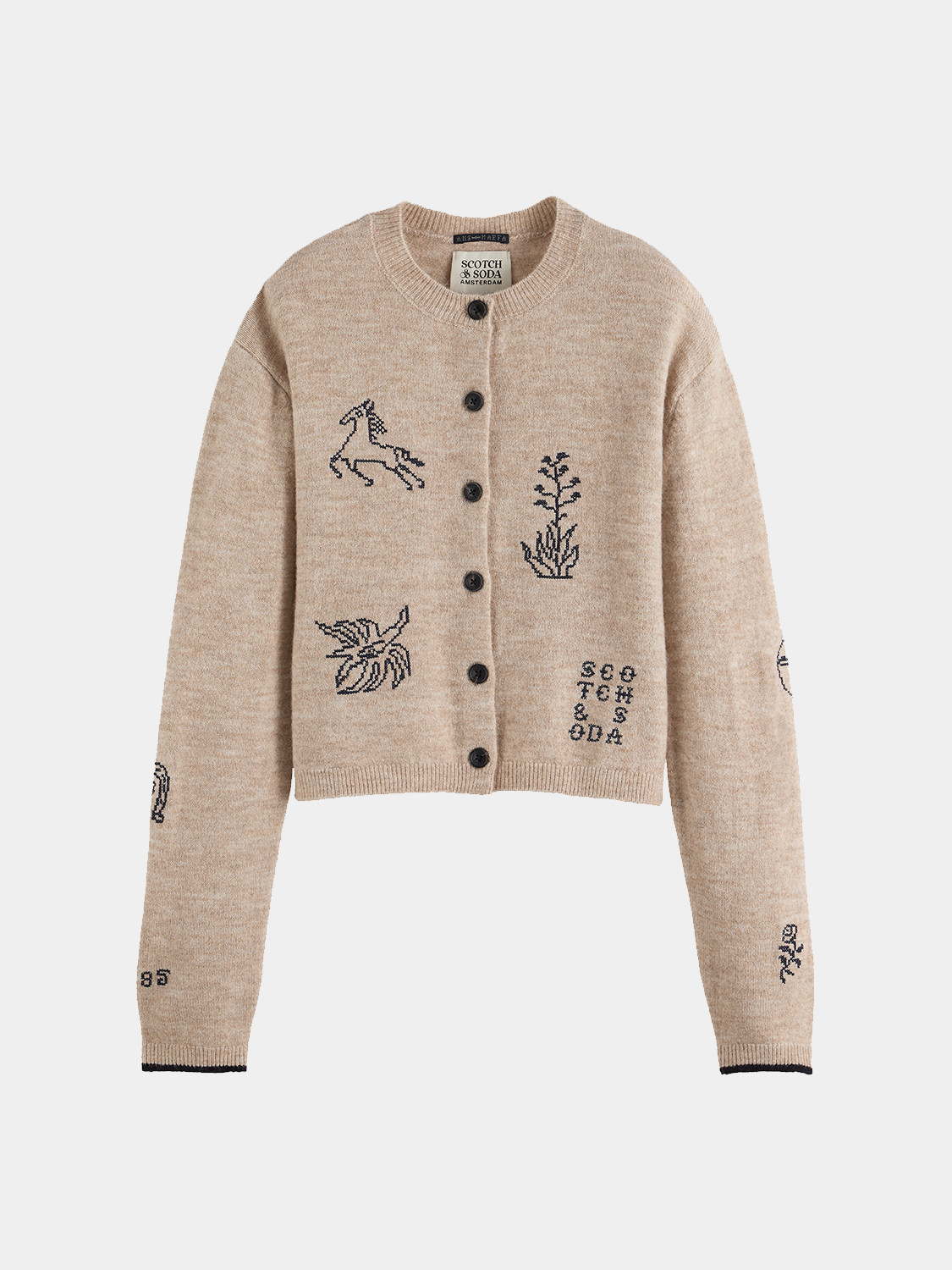 Embroidered Scotch & Soda crew neck cardigan in knitwear featuring detailed embroidery on a soft, cozy fabric.