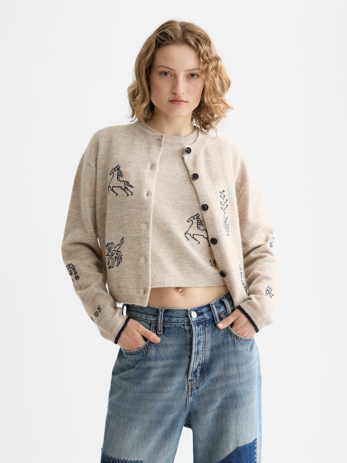 Embroidered Scotch & Soda crew neck cardigan made of knitwear, featuring detailed embroidery on the front.