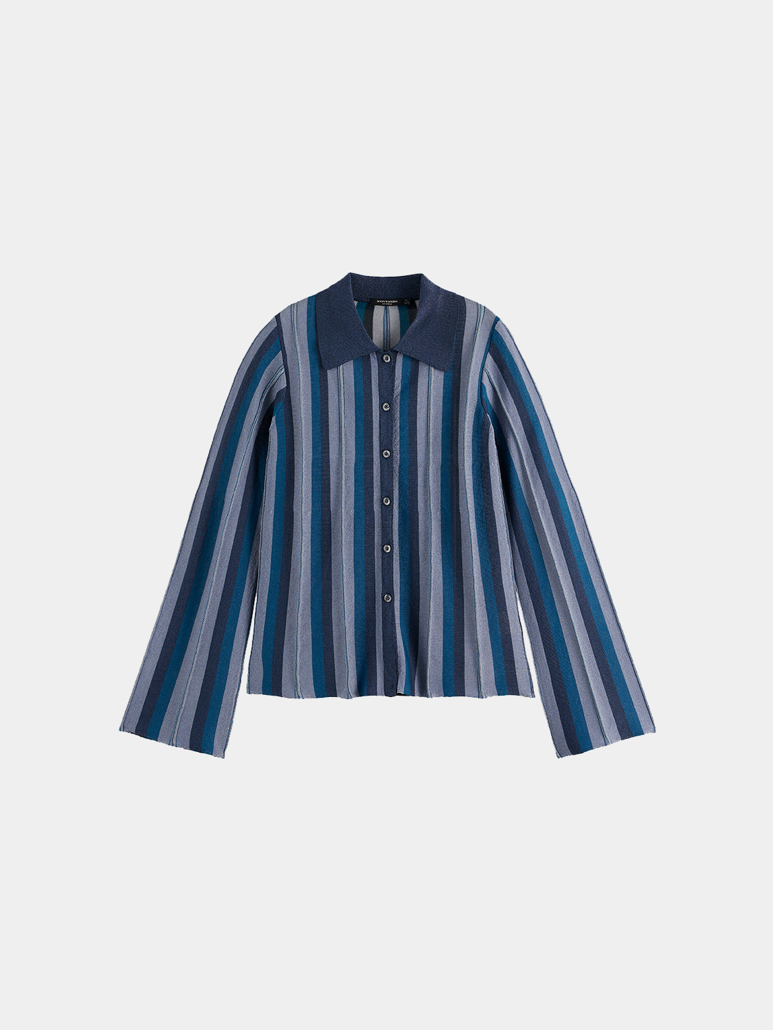Scotch & Soda knitwear with a collared cardigan featuring button closures and a textured knit pattern on a neutral background.