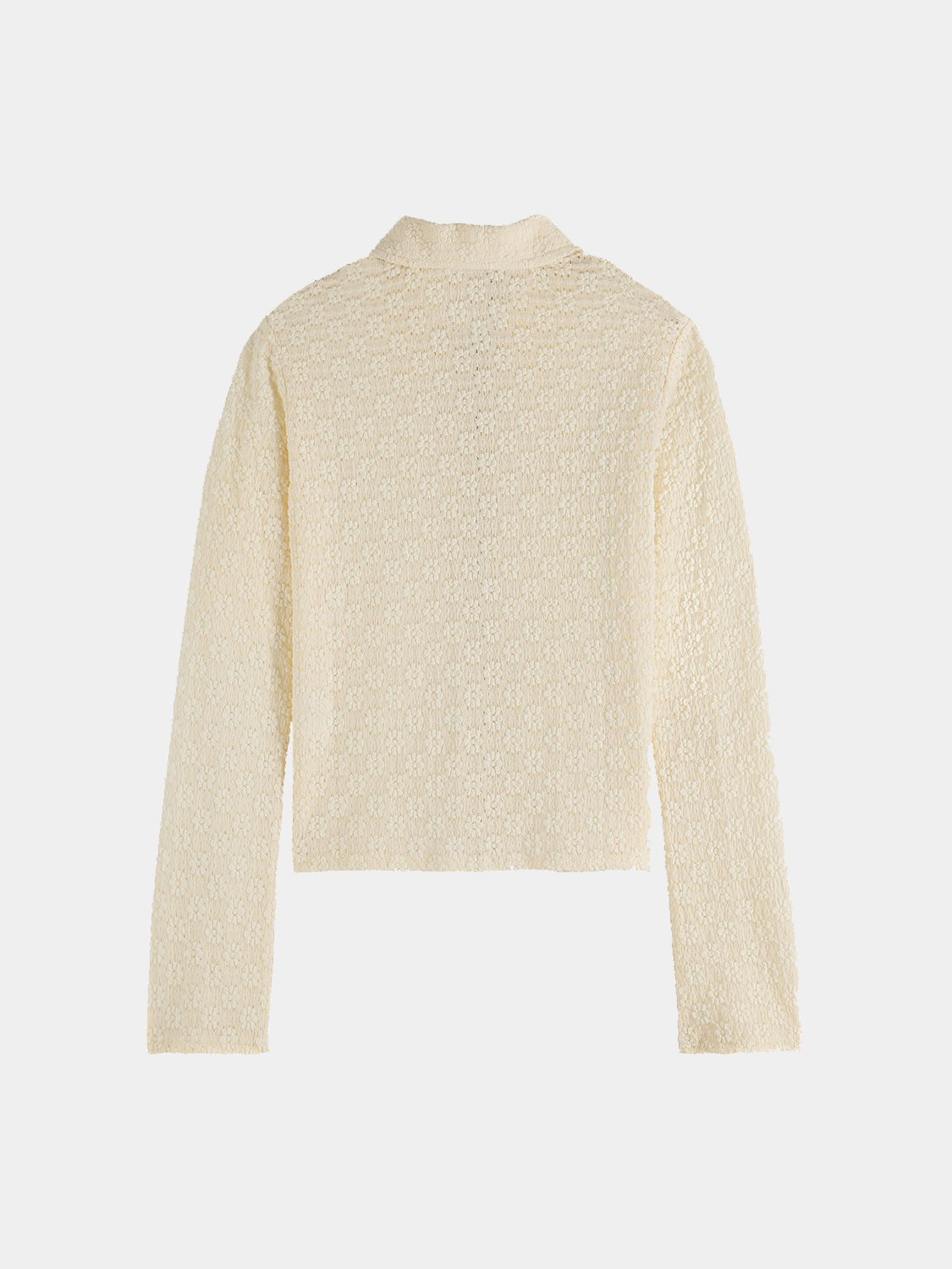 Black Scotch & Soda long sleeve zip-through top with a high collar and fitted design, shown from the back.
