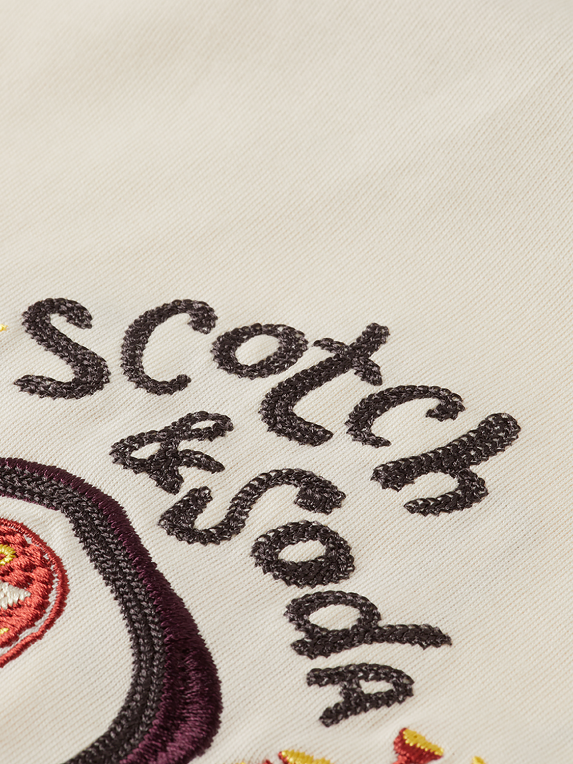 Scarlet red Scotch & Soda artwork regular short-sleeve t-shirt with graphic design on front, casual summer style.