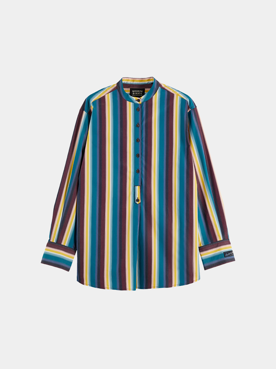 Long-sleeve striped shirt by Scotch & Soda, relaxed fit, featuring blue and white horizontal stripes, casual and stylish.