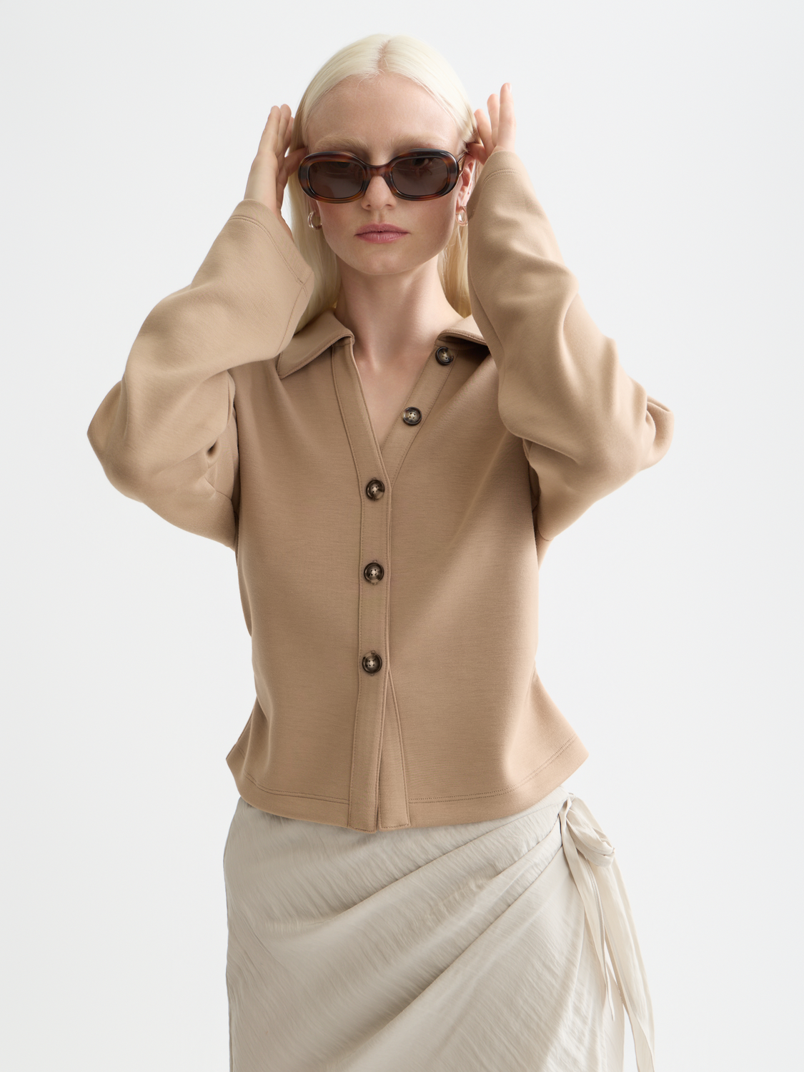 Light grey Scotch & Sodas modal long-sleeve shirt with a relaxed fit, displayed on a hanger.