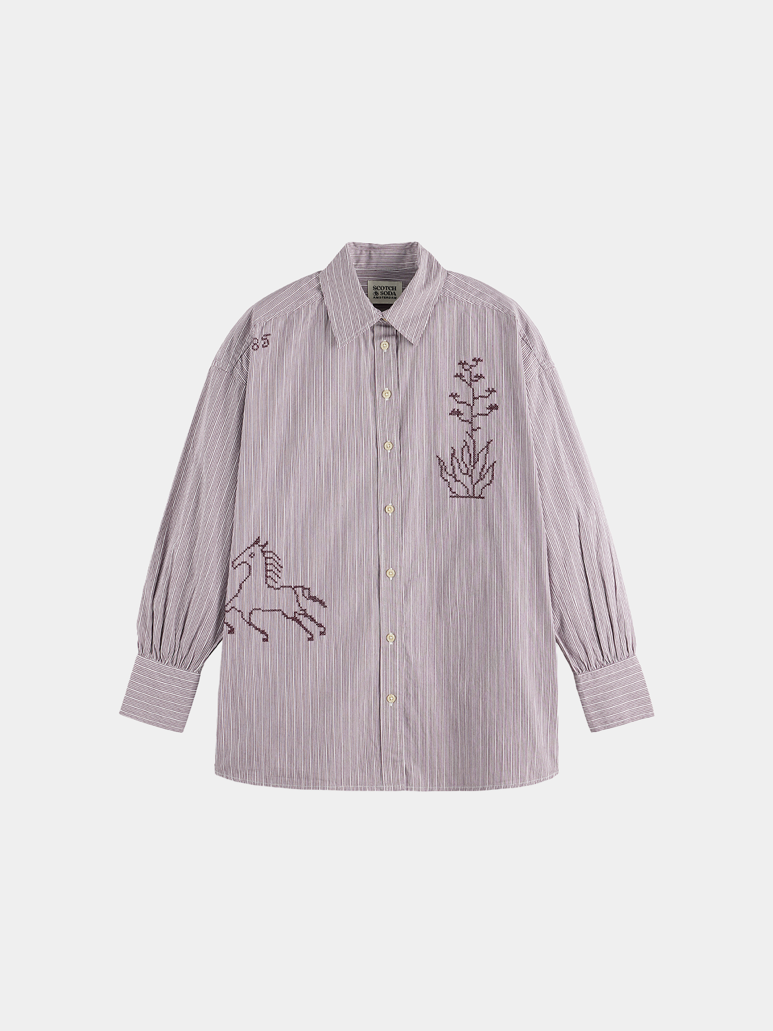Long sleeve embroidered girlfriend shirt by Scotch & Soda, featuring detailed floral embroidery on soft fabric.