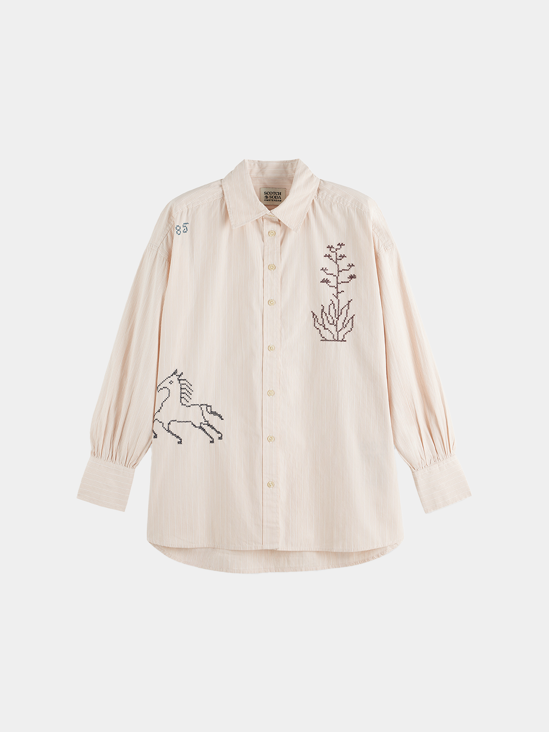 Long sleeve embroidered girlfriend shirt by Scotch & Soda featuring floral embroidery on soft fabric.