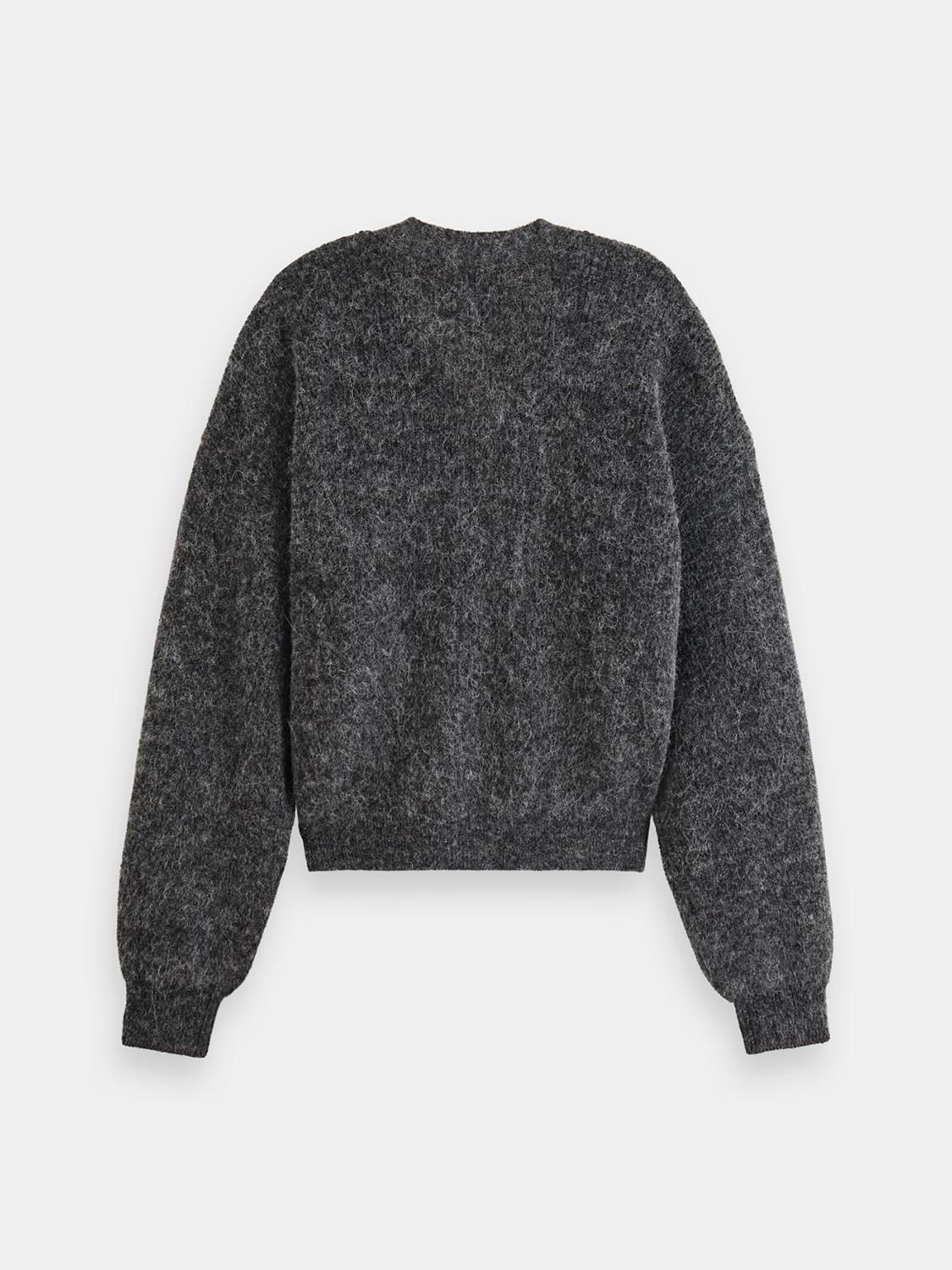 Cozy navy fuzzy cardigan by Scotch & Soda, knitwear with a soft, textured fabric and front button closure, back view.