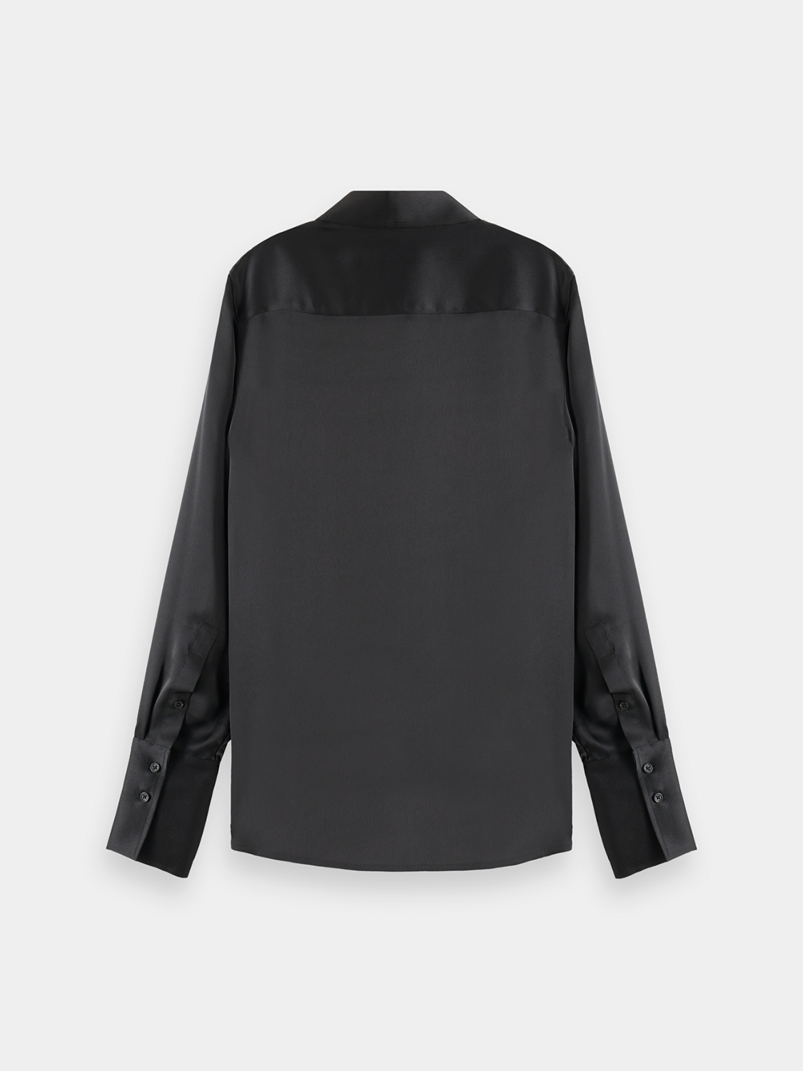 Black satin long-sleeve shirt by Scotch & Soda displayed on a hanger, showcasing smooth fabric and classic design.