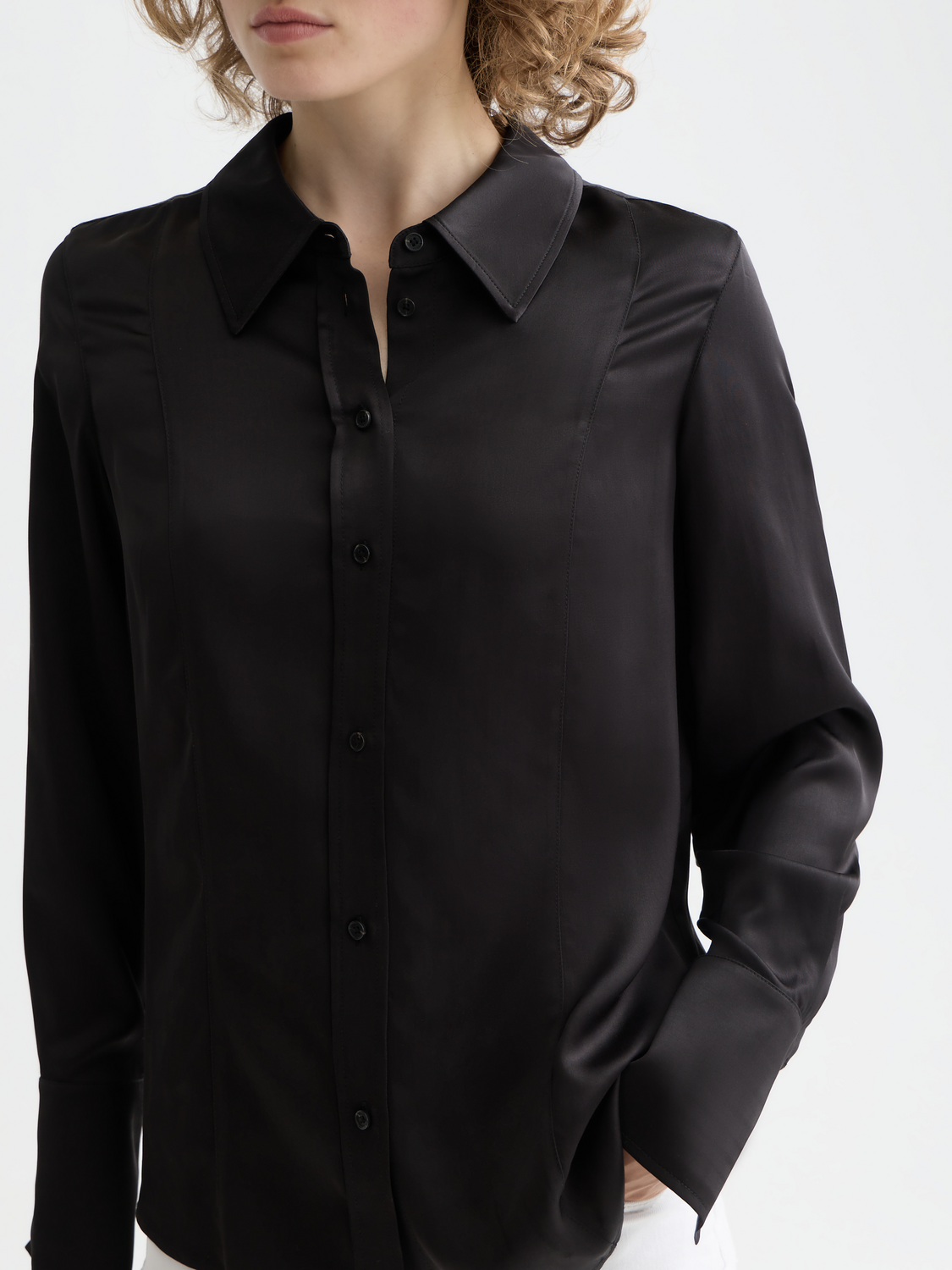 Long-sleeve satin shirt by Scotch & Soda featuring a smooth, glossy fabric and classic collar design.