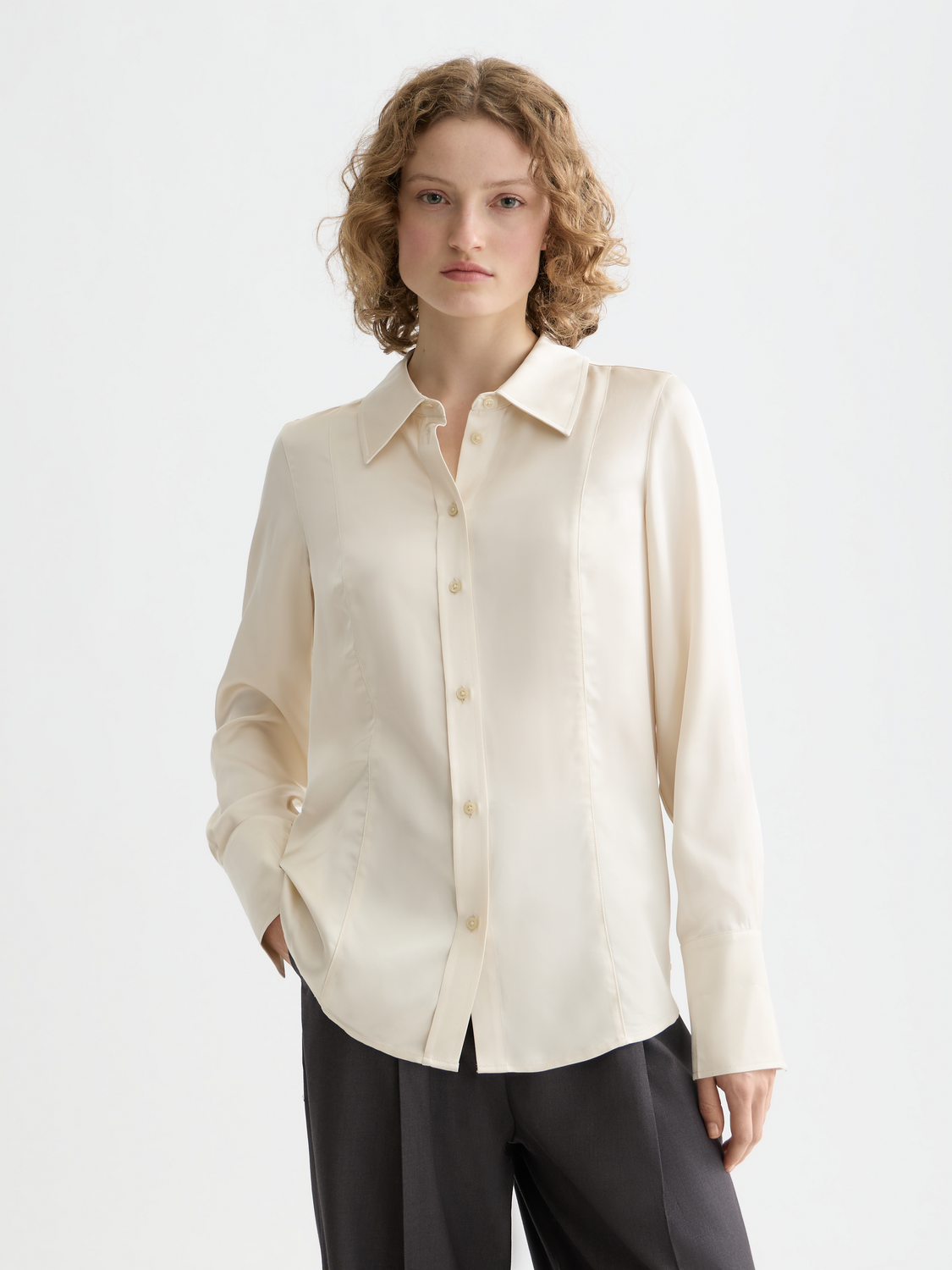 Long sleeve satin shirt from Scotch & Soda featuring a smooth, shiny fabric in a classic design.