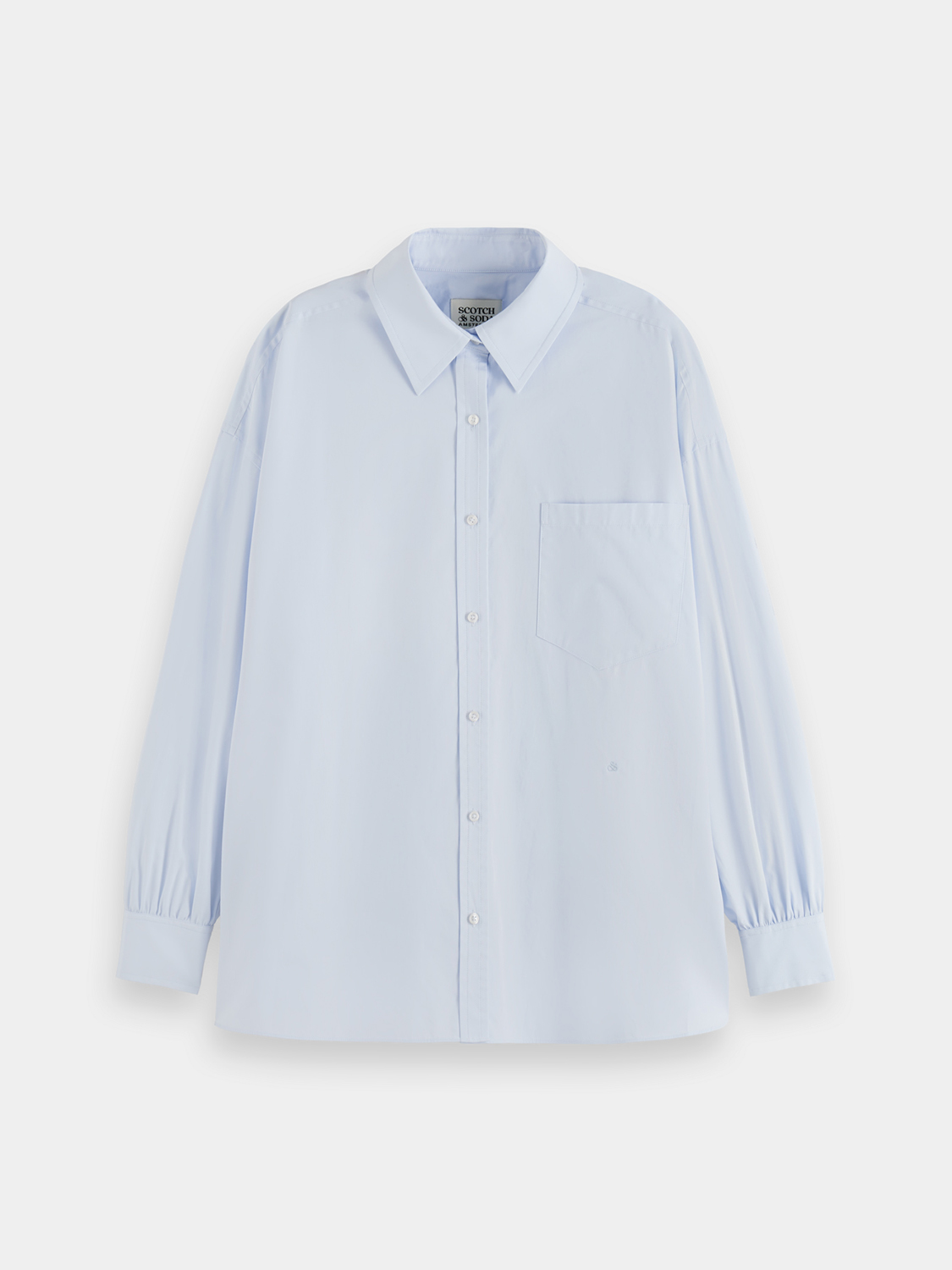 Long-sleeve Scotch & Soda girlfriend poplin shirt with a classic collar and button-down front, displayed on a flat lay.