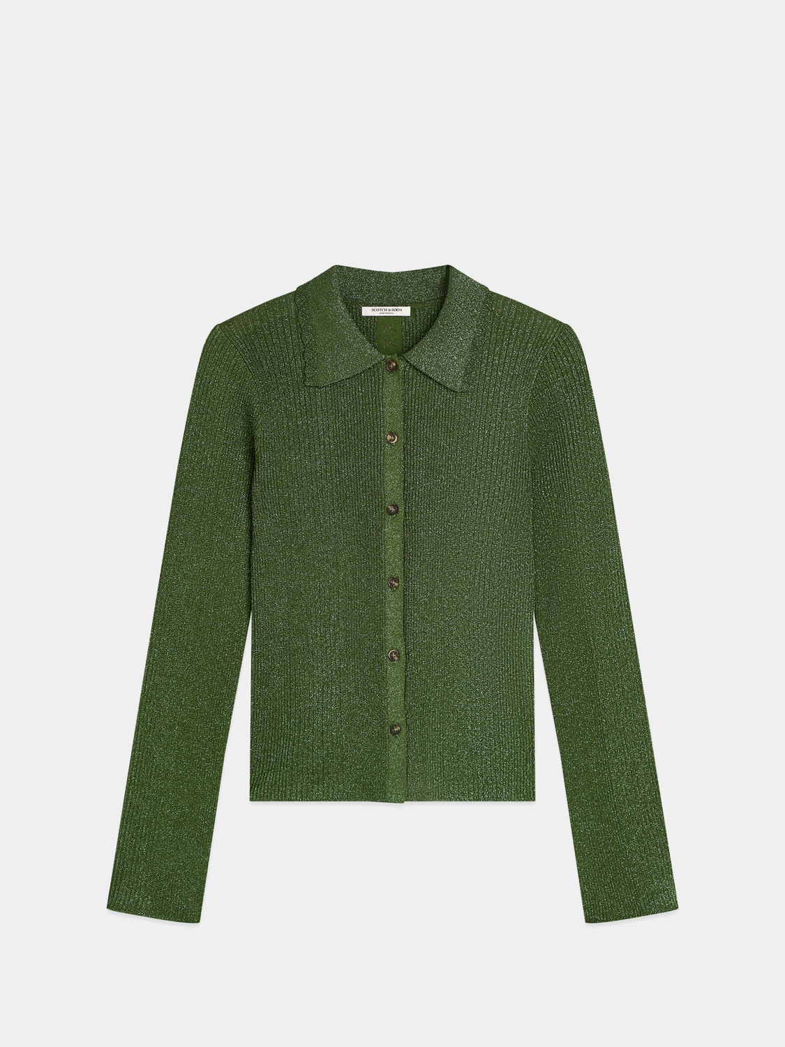 Metallic ribbed cardigan from Scotch & Soda, a stylish knitwear piece with a shiny finish and textured ribbed pattern.
