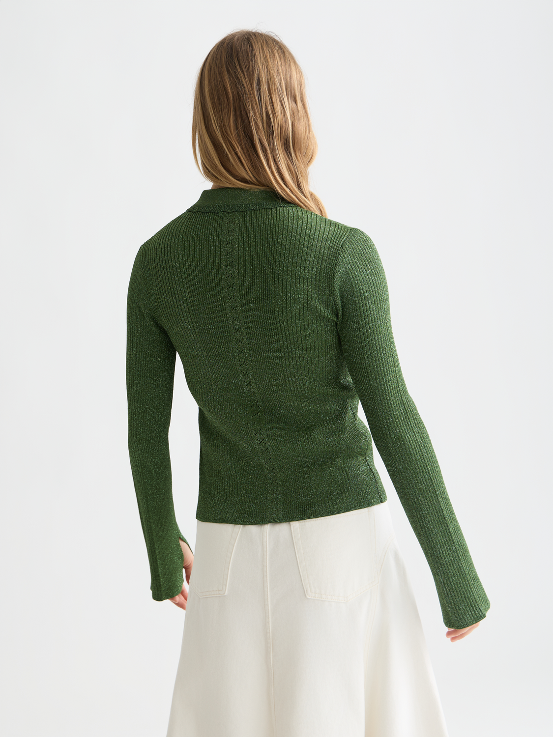 Metallic ribbed cardigan from Scotch & Soda, stylish knitwear with a close-up view of the textured fabric and back design.