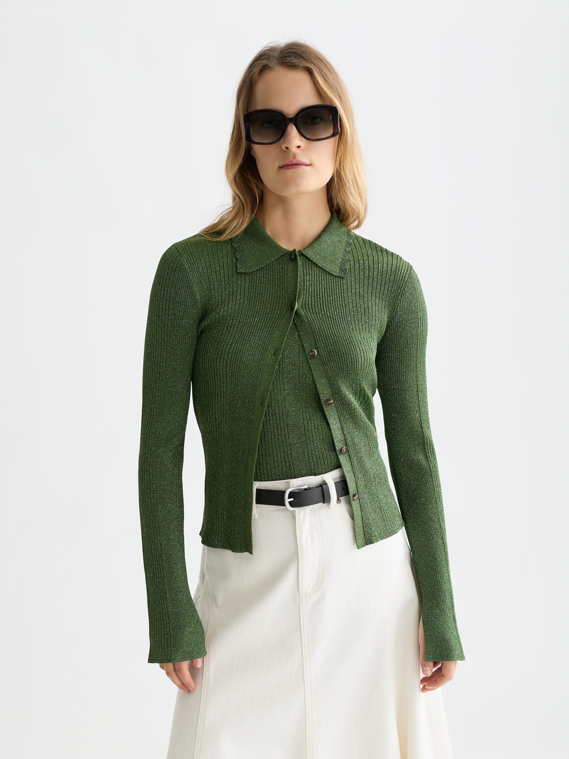 Metallic ribbed cardigan from SCOTCH & SODA, featuring shiny knit fabric and a cozy, fitted design.