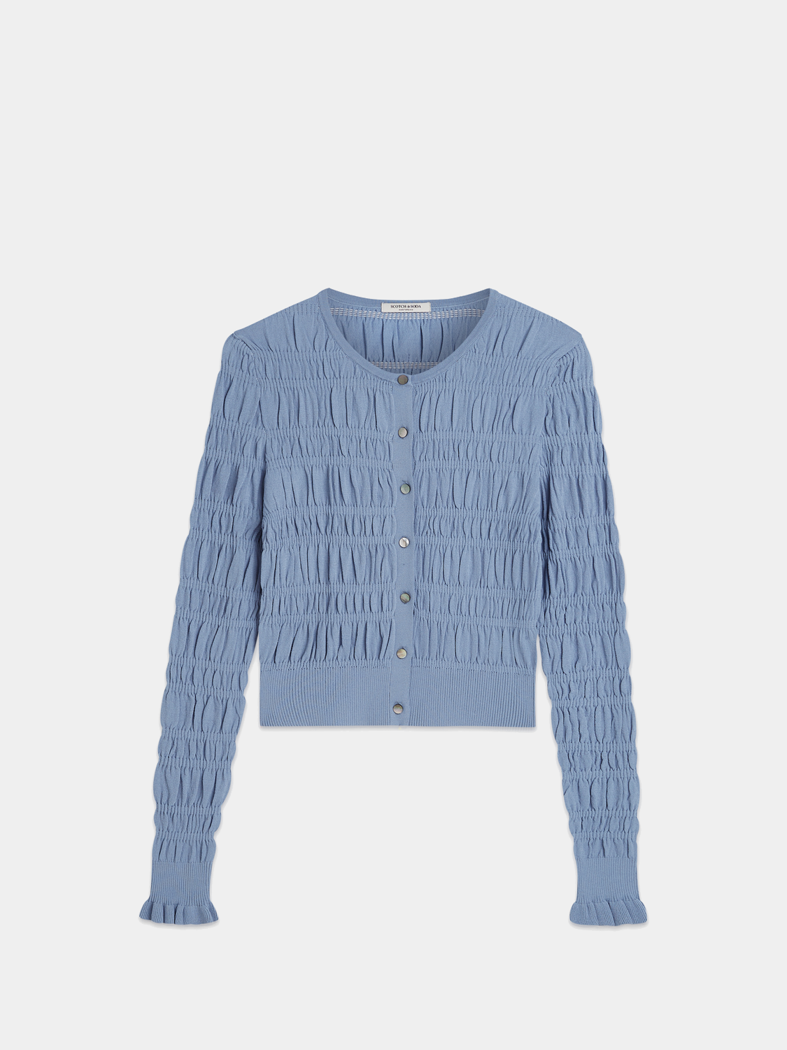 Scotch & Soda knitwear smock stitch cardigan with button closure, featuring textured stitch pattern and ribbed cuffs.