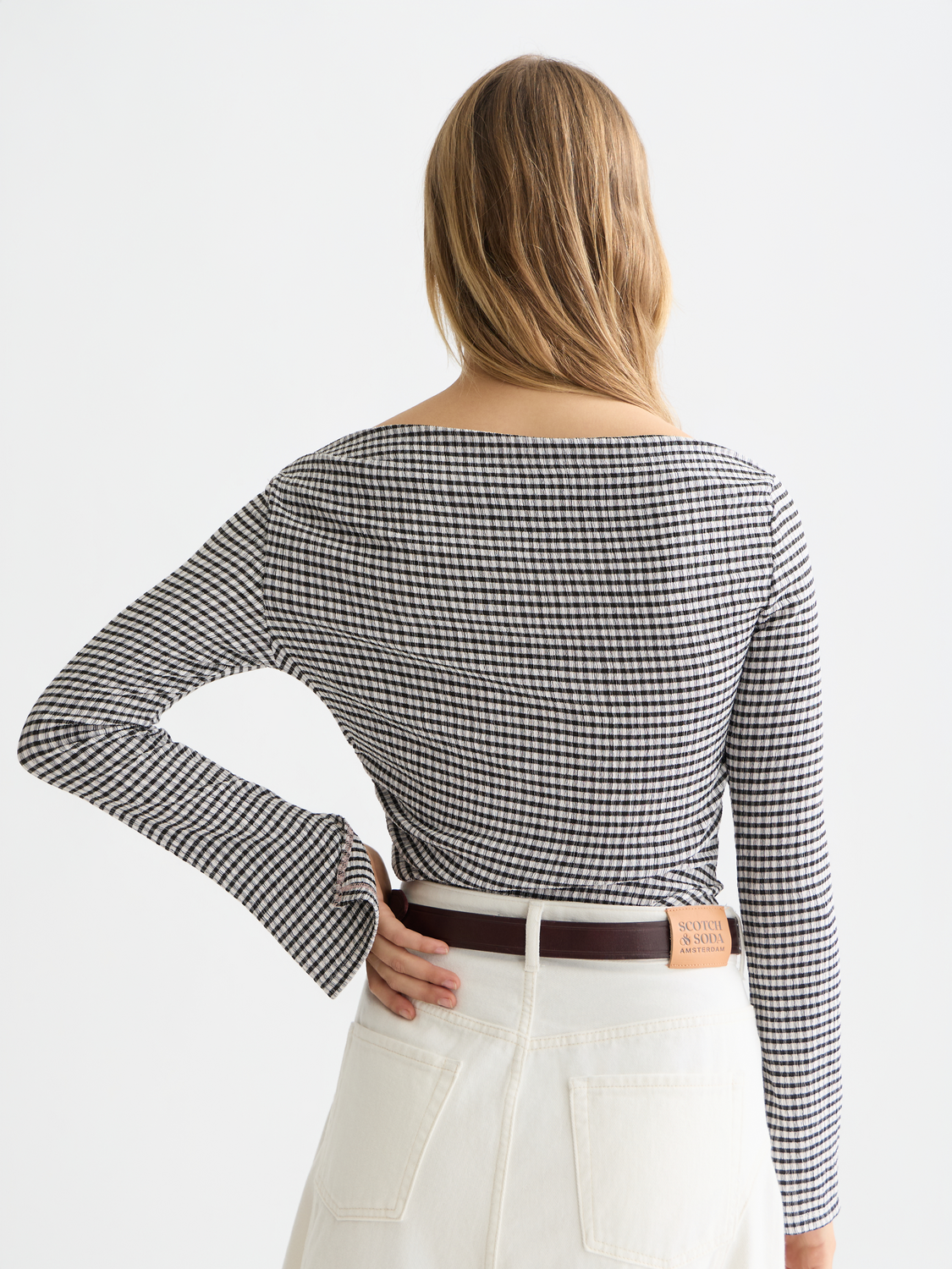 Gingham long-sleeved T-shirt from Scotch & Soda with a classic check pattern and a relaxed fit, shown from the back.