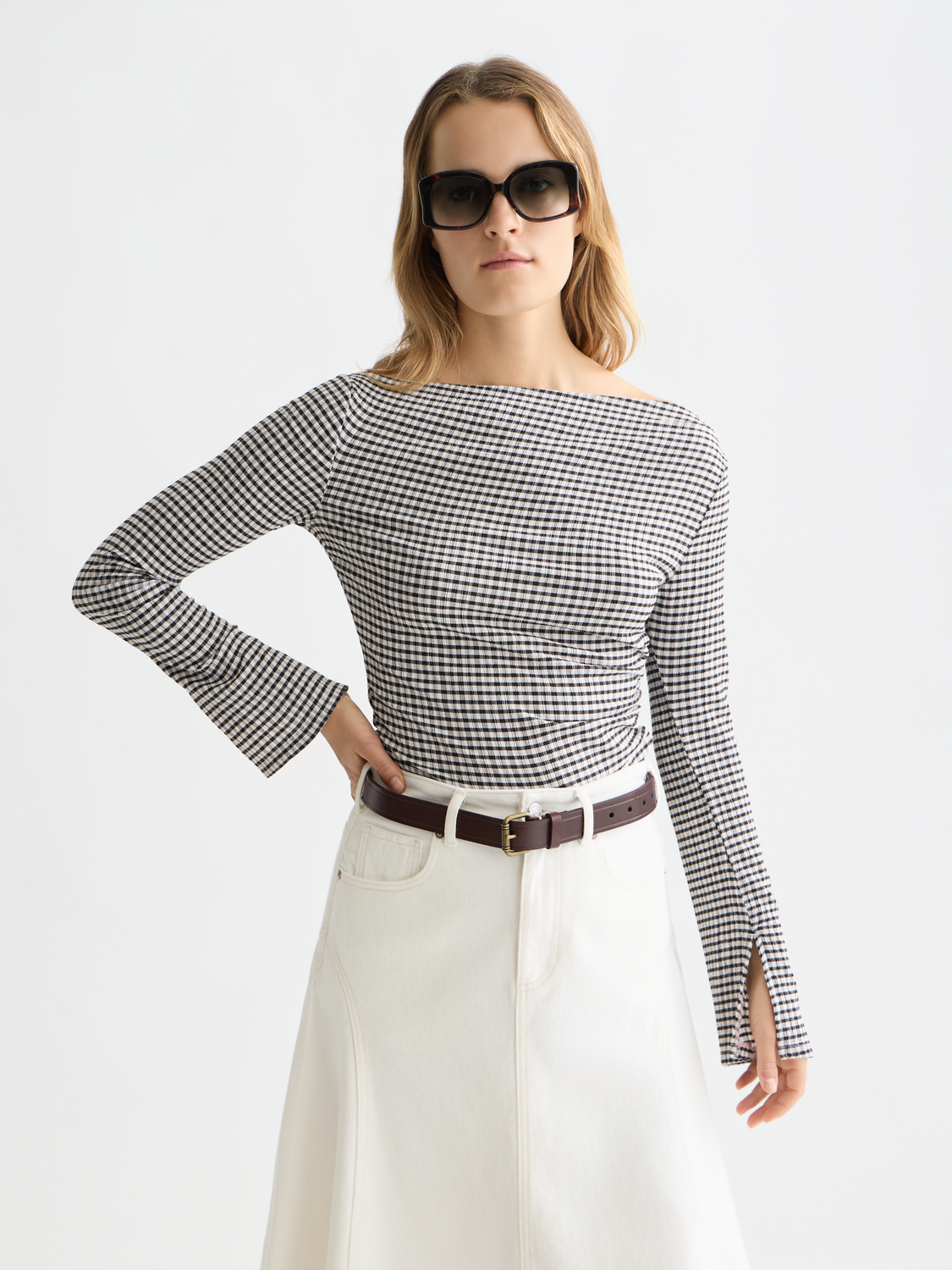 Scotch & Soda gingham long-sleeved T-shirt with button detail and classic pattern, displayed on a neutral background.
