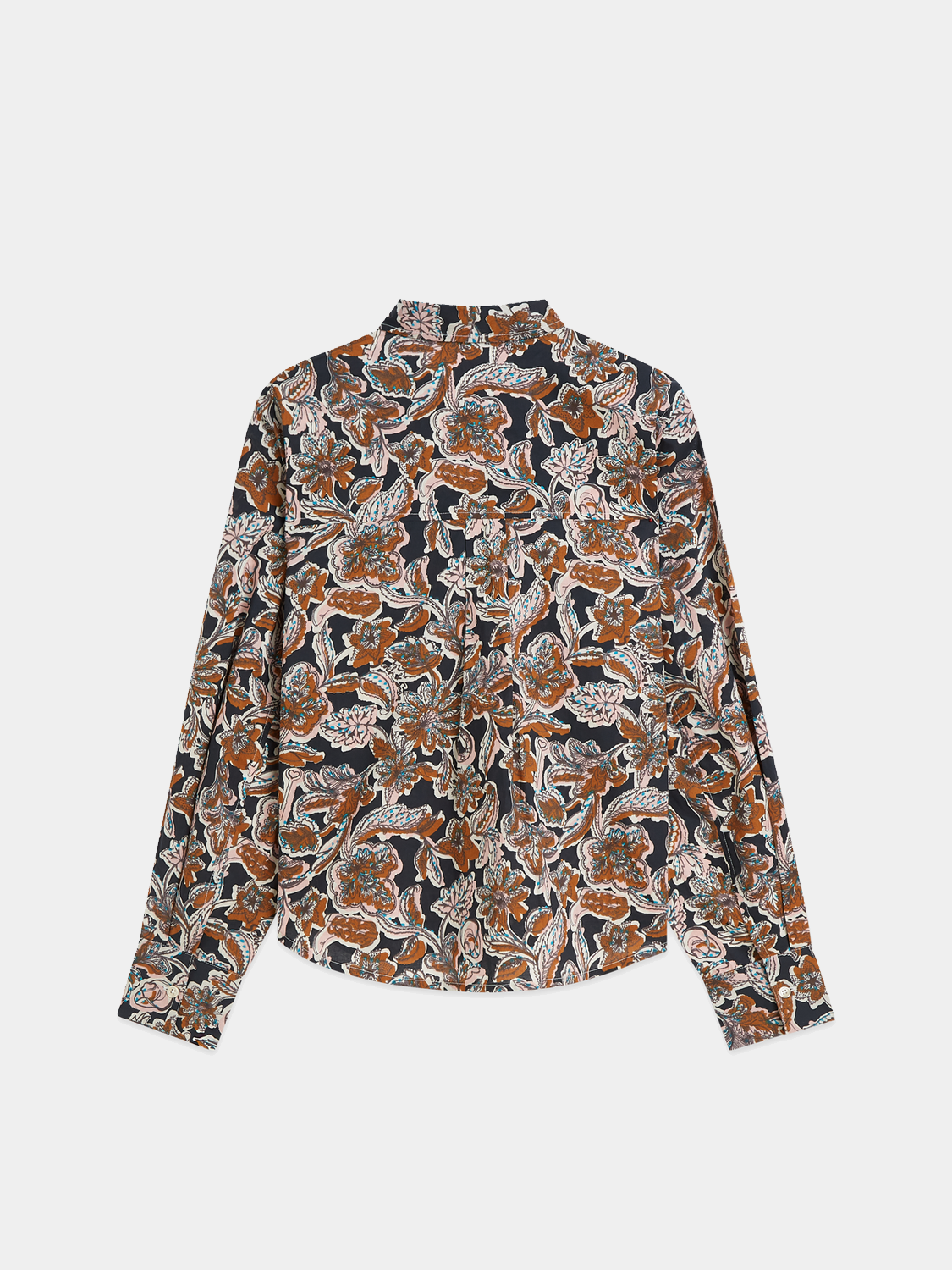 Long-sleeve printed shirt from Scotch & Soda with a bold, colorful pattern, shown from the back view.